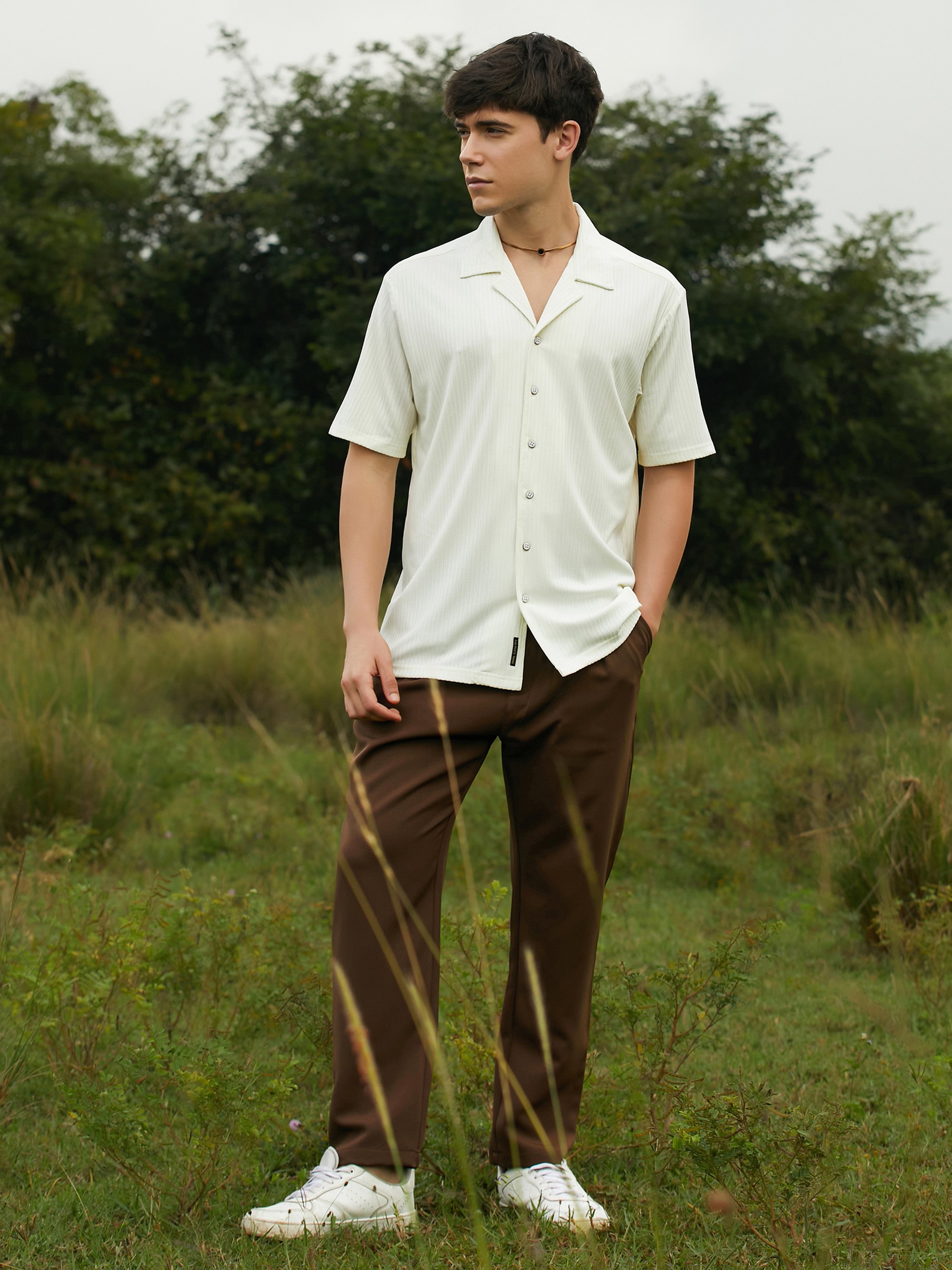 Men Cream White Trough-Tactile Shirt