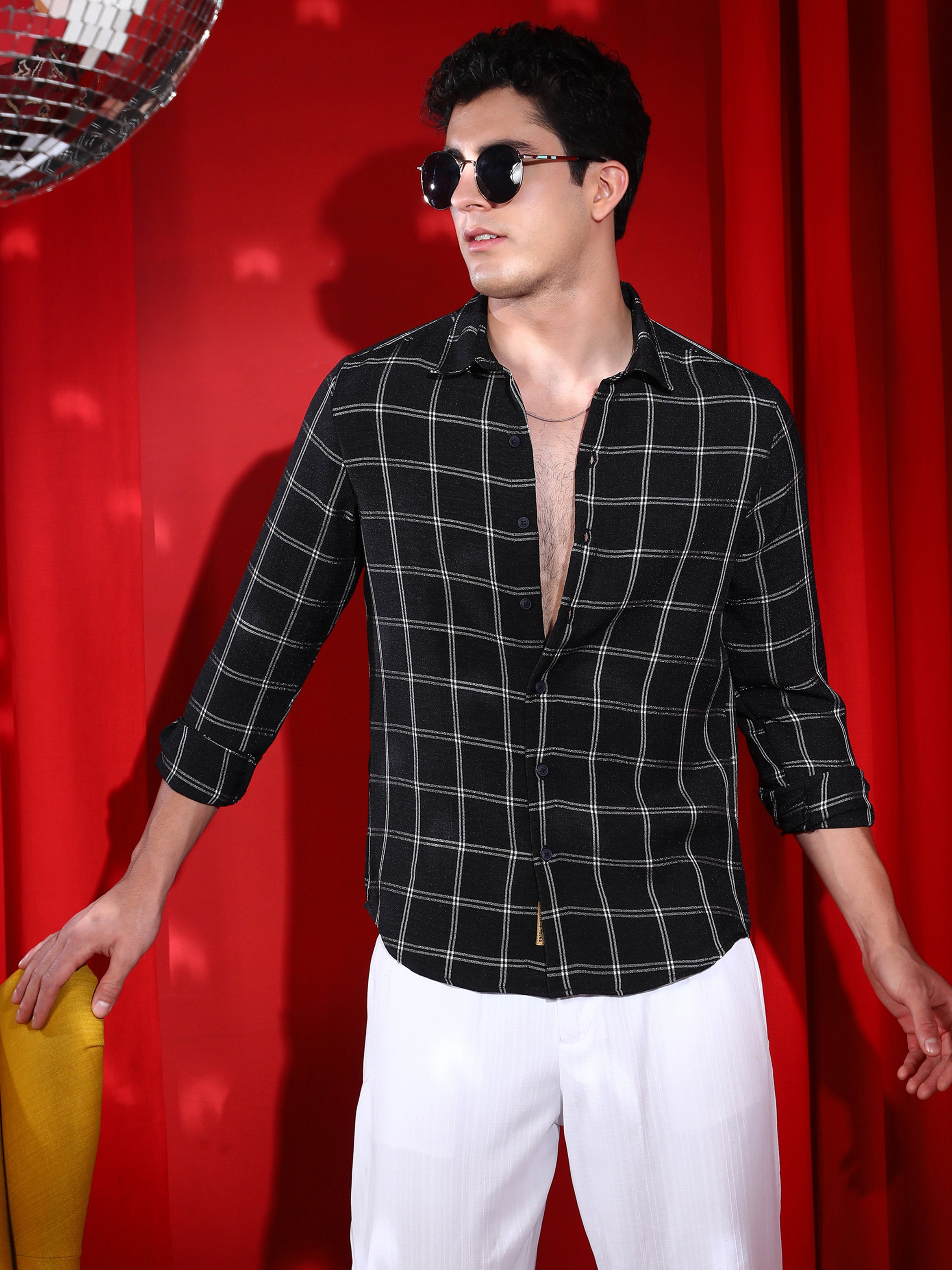 Men Midnight Black Graph-Check Relaxed Shirt