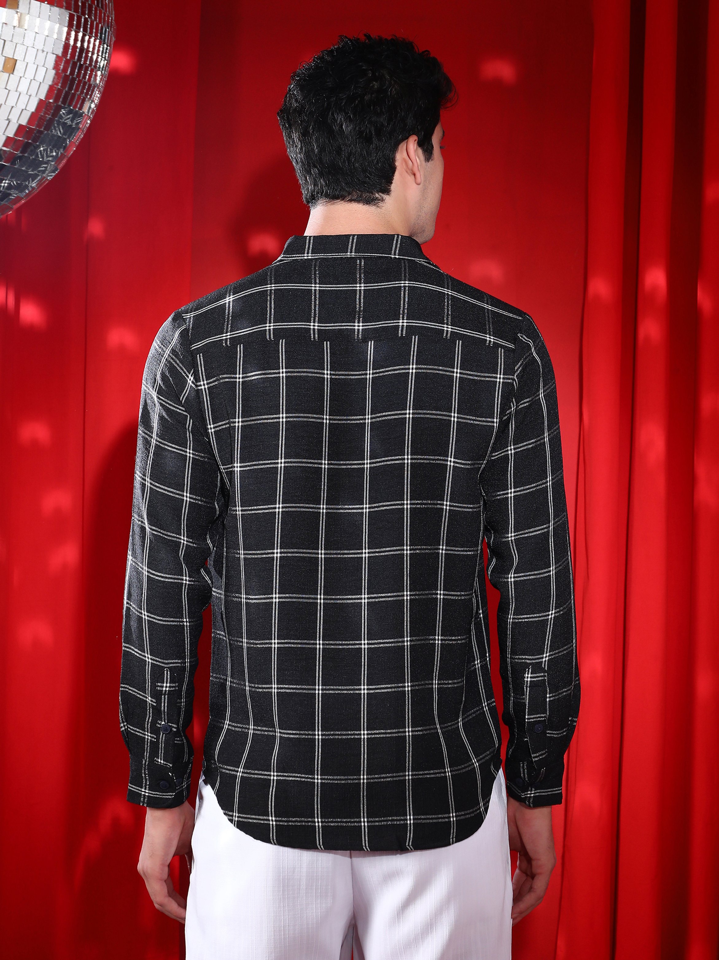 Men Midnight Black Graph-Check Relaxed Shirt