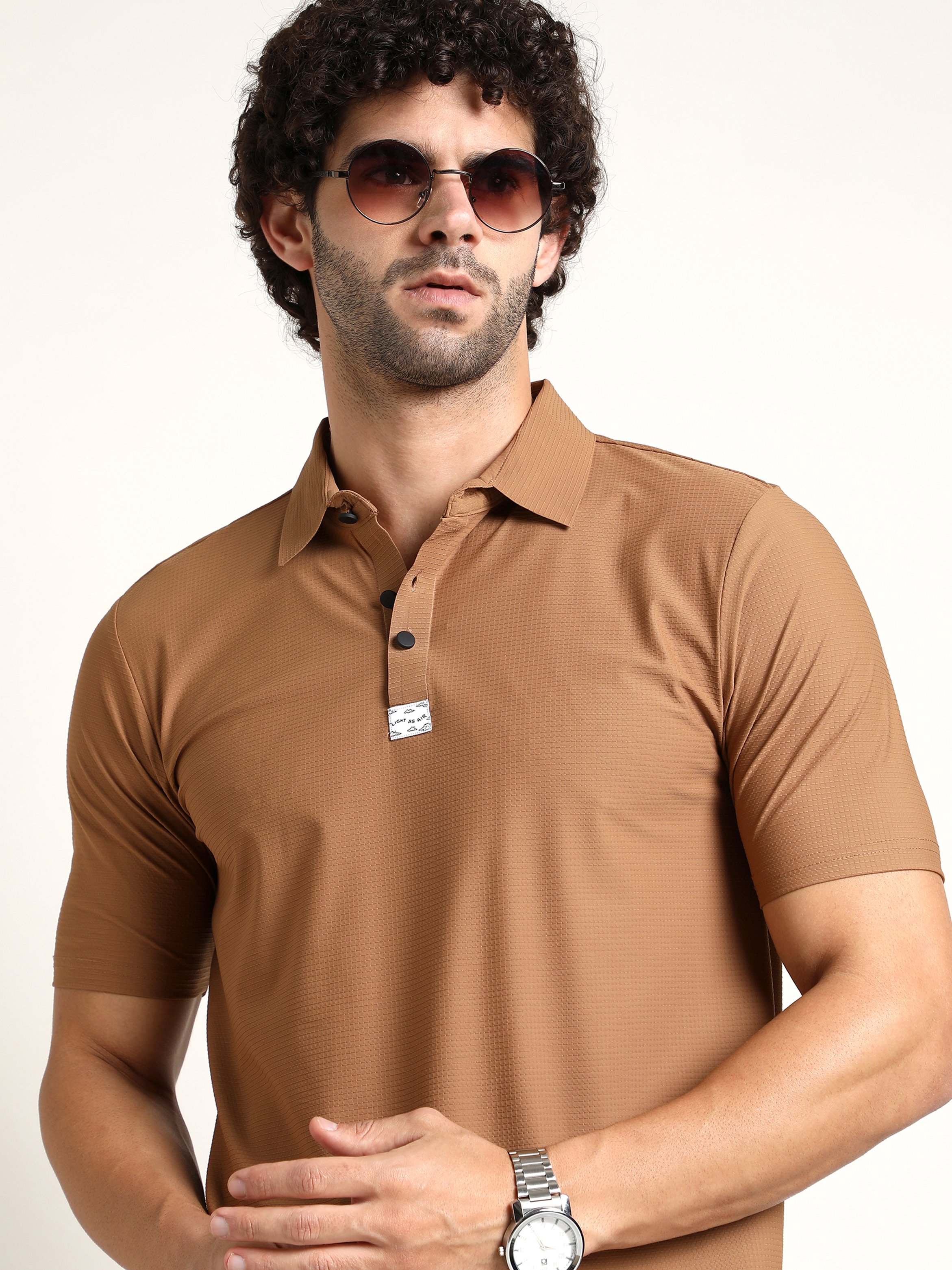 Men Brown Seamless Waffle Polo