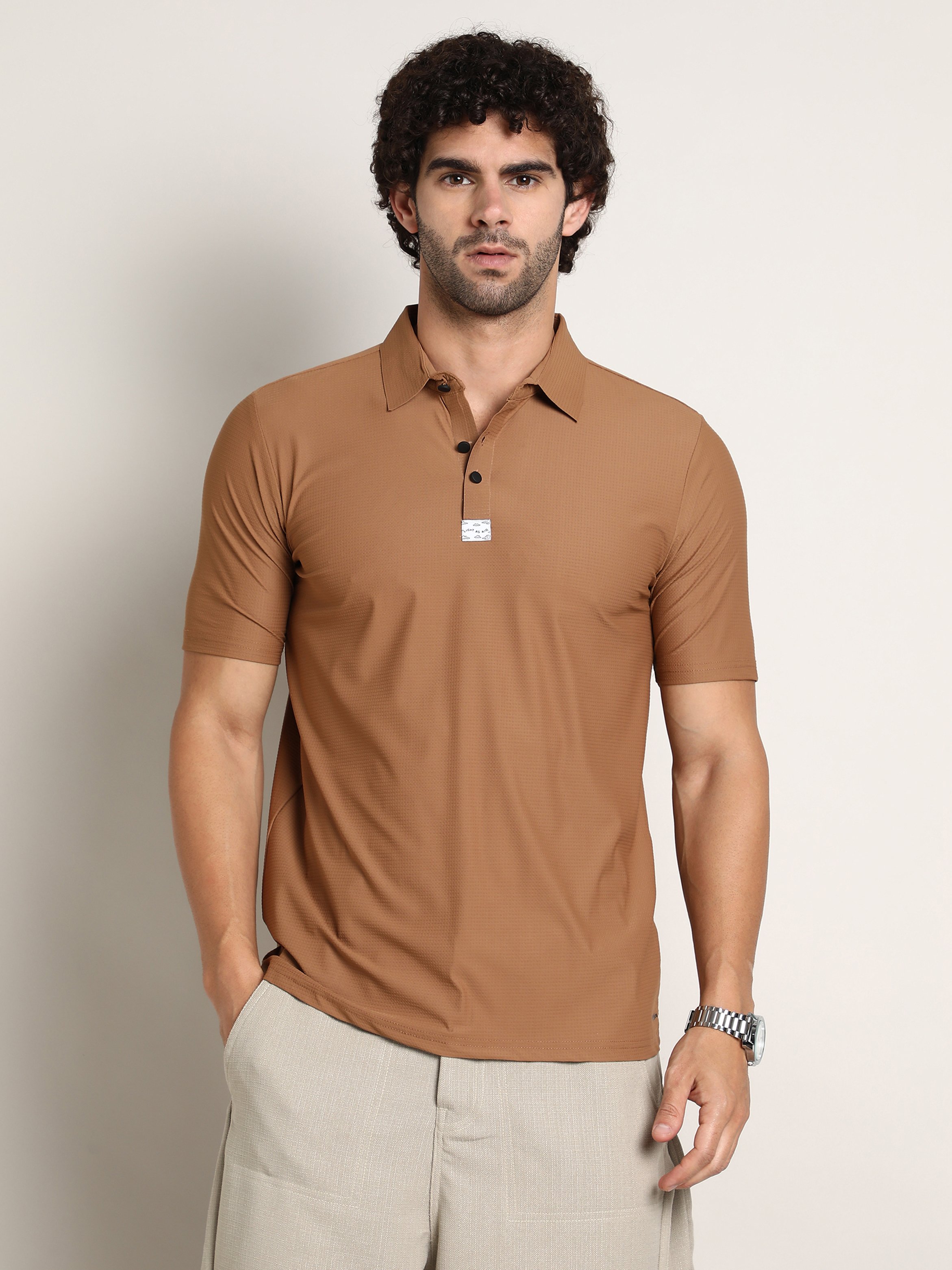 Men Brown Seamless Waffle Polo