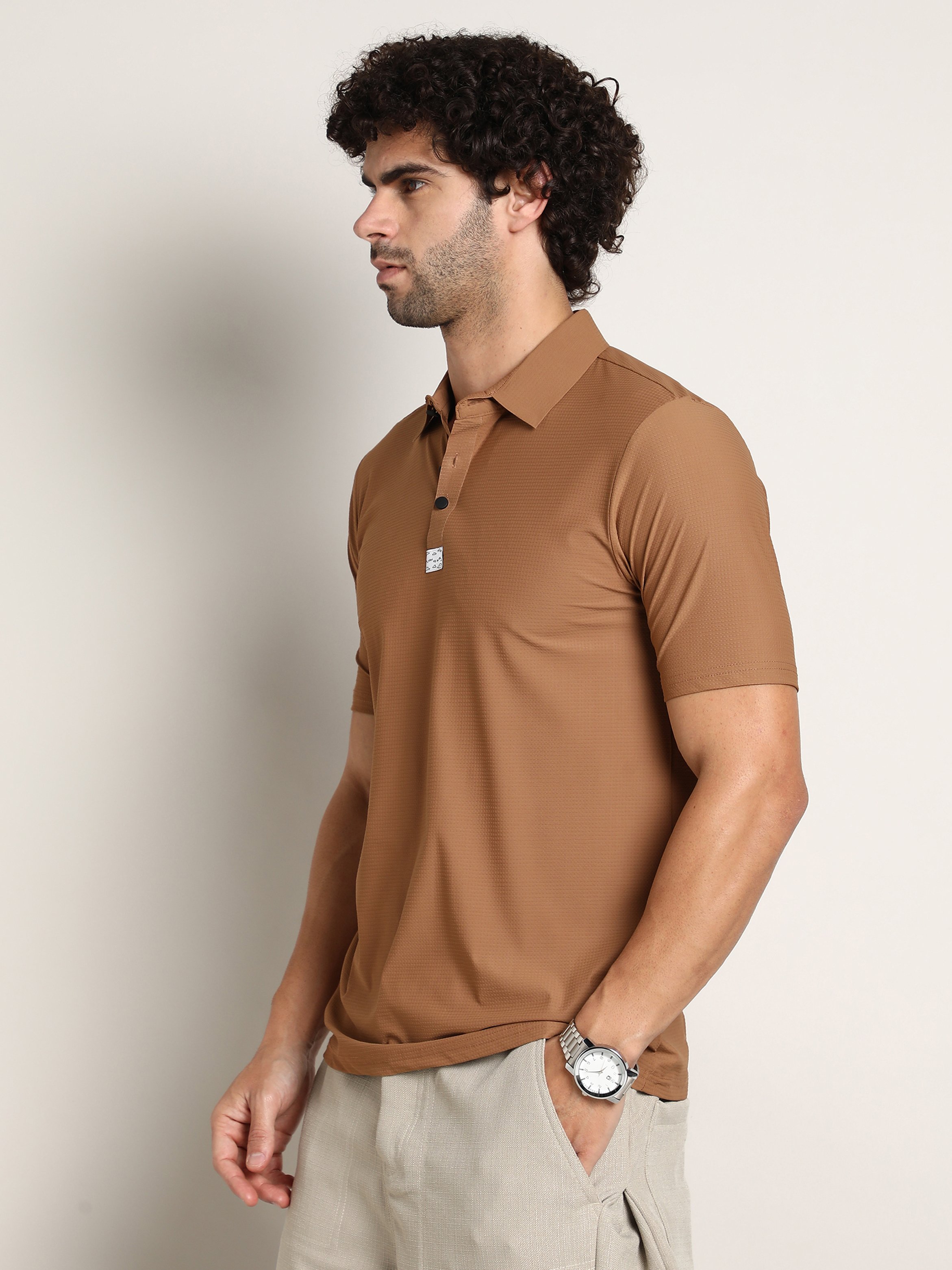 Men Brown Seamless Waffle Polo