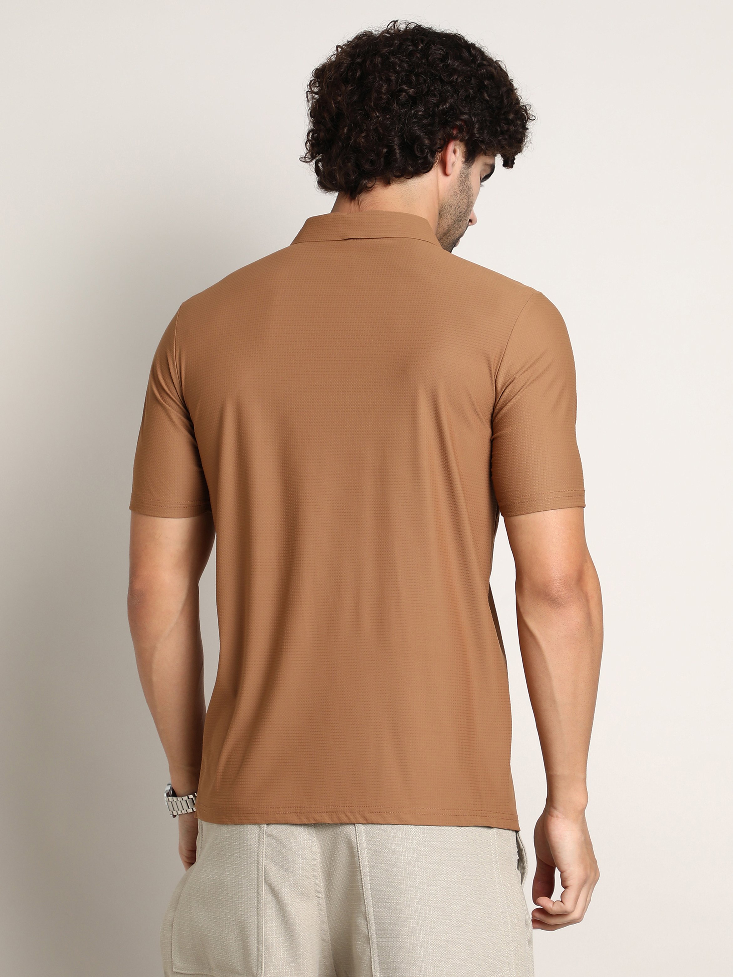 Men Brown Seamless Waffle Polo