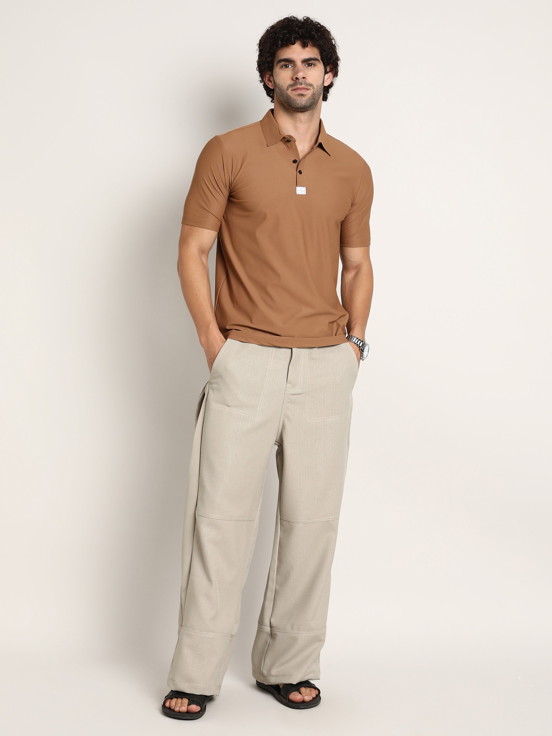 Men Brown Seamless Waffle Polo
