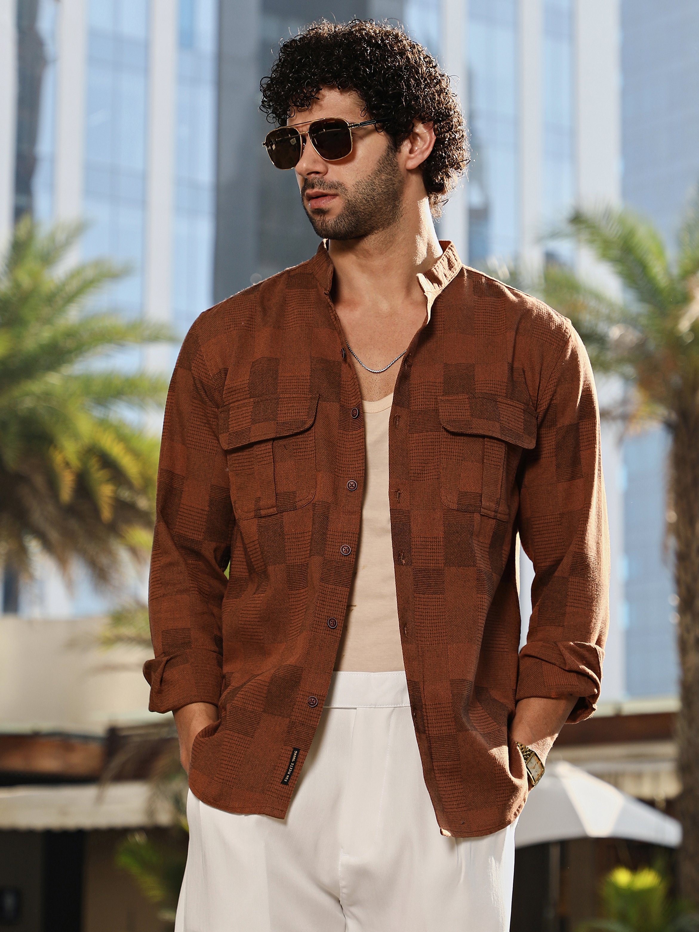 Men Russet Brown Mandarin Utility Shirt
