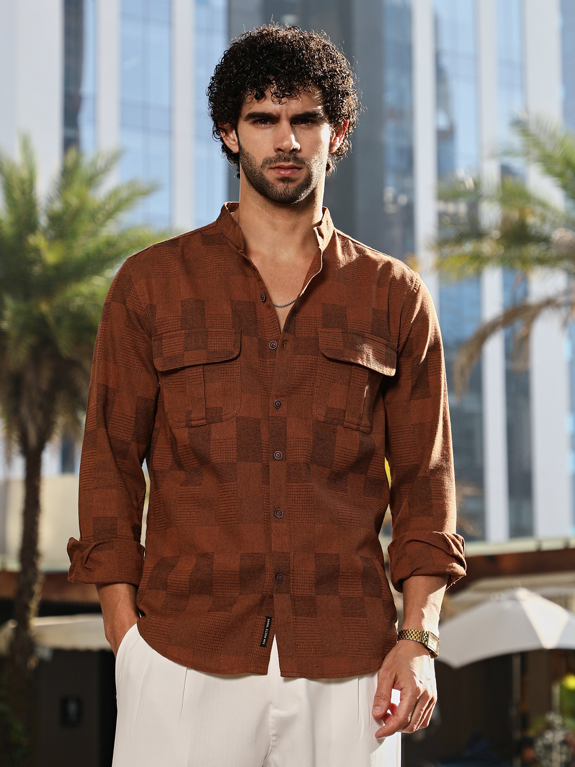 Men Russet Brown Mandarin Utility Shirt