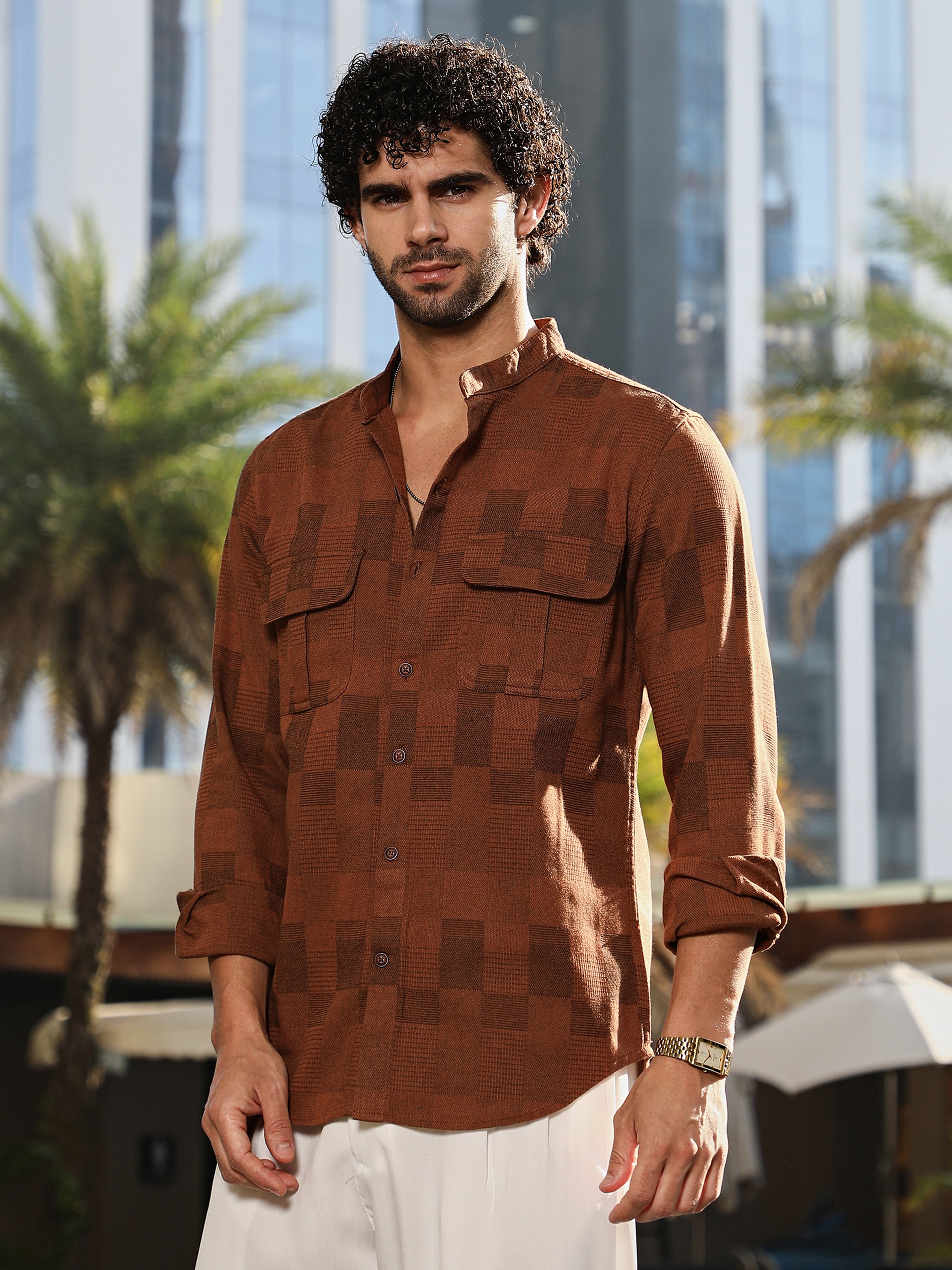 Men Russet Brown Mandarin Utility Shirt