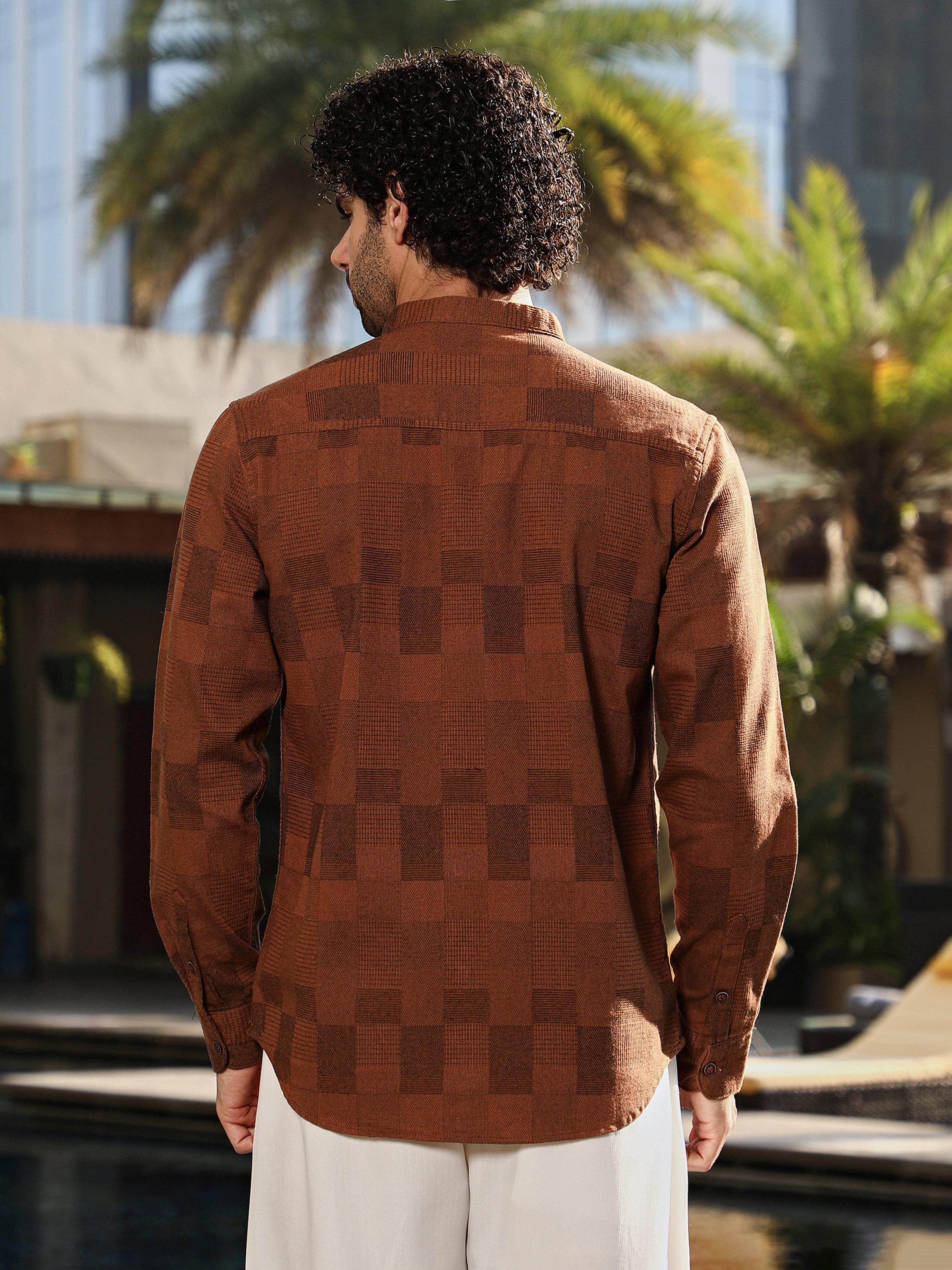 Men Russet Brown Mandarin Utility Shirt