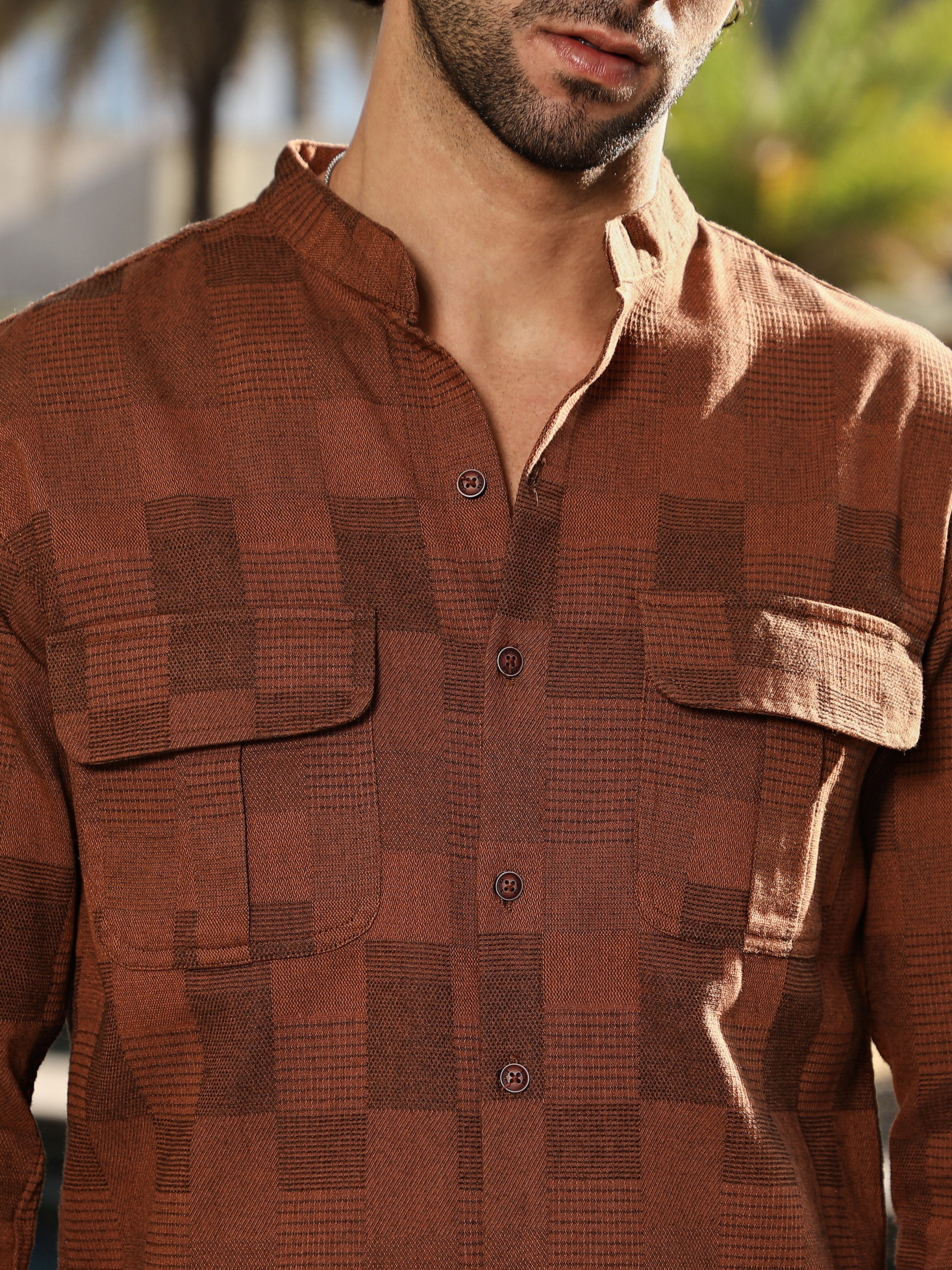 Men Russet Brown Mandarin Utility Shirt