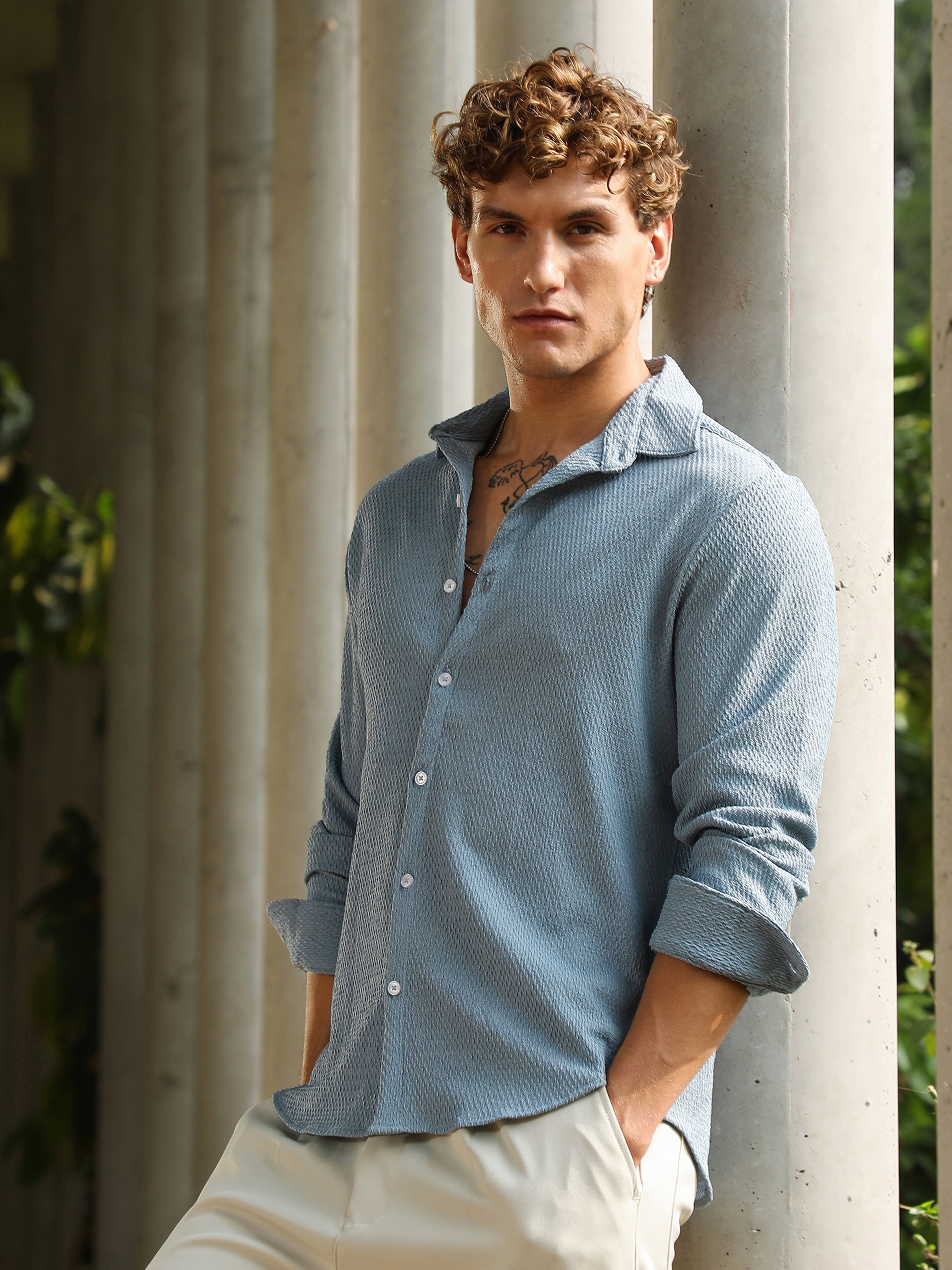 Men Light Blue Weave-Tactile Shirt