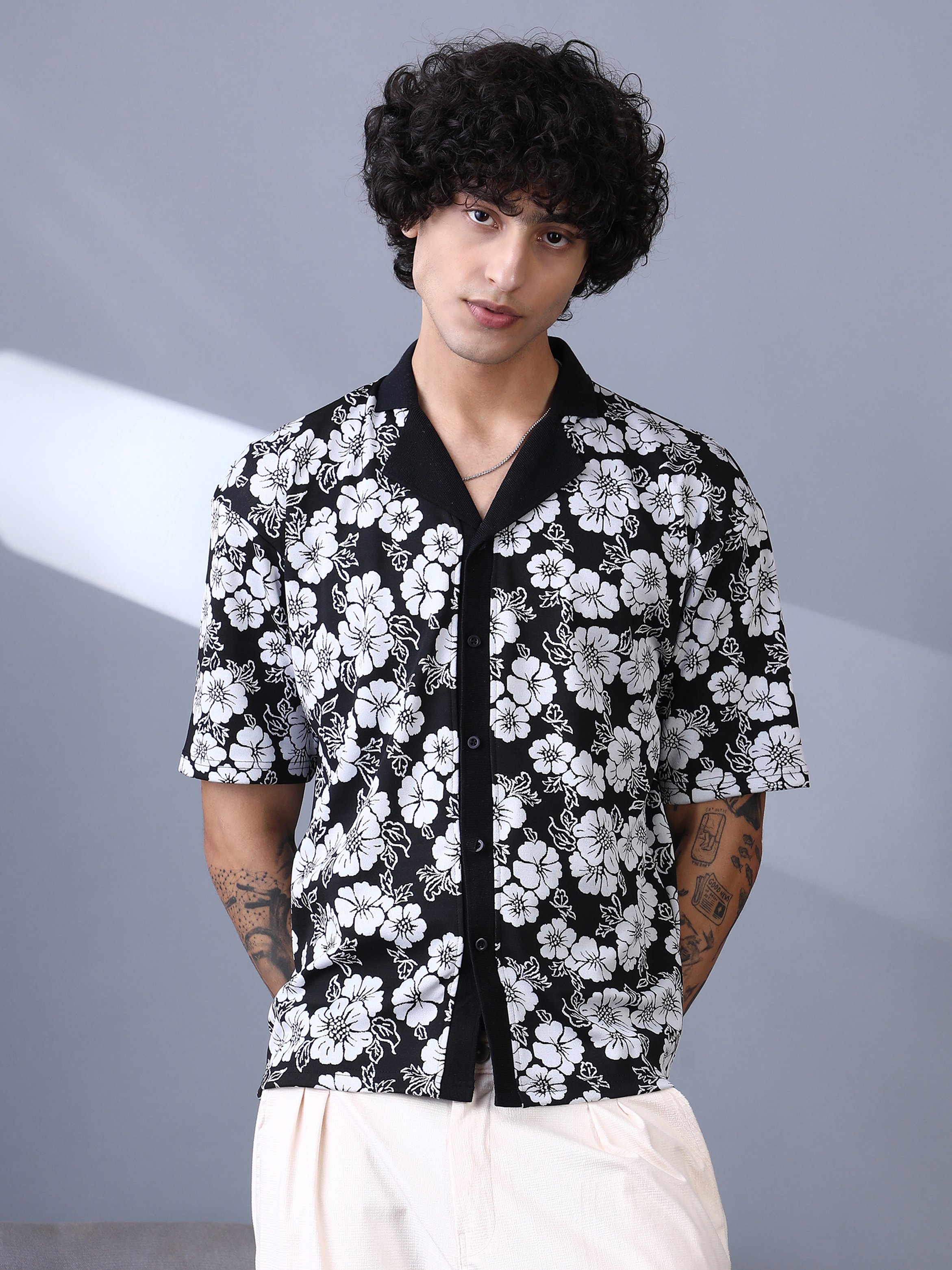 Men Floral Print Cuban Collar Shirt