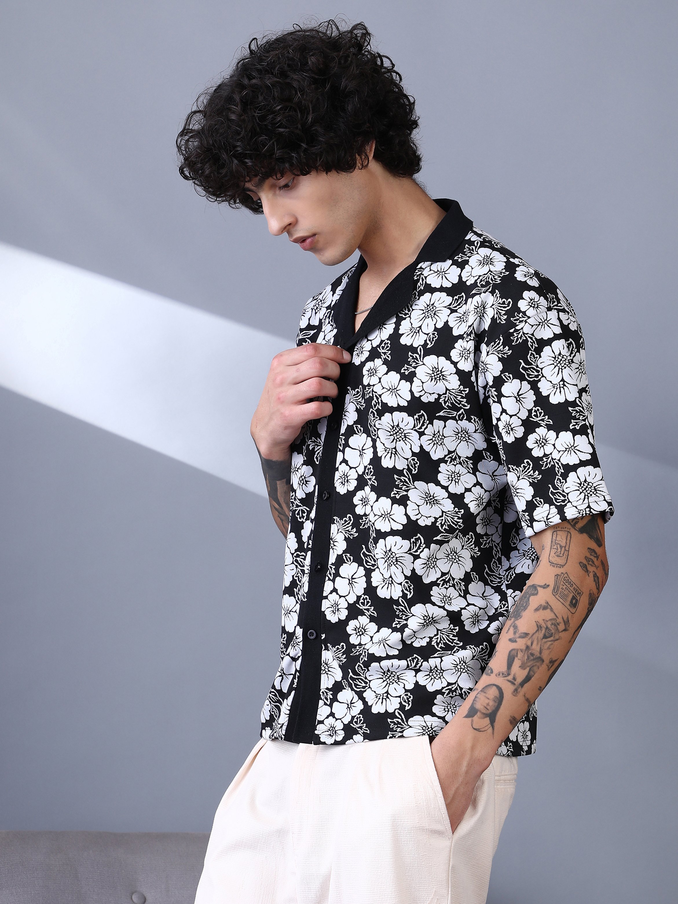 Men Floral Print Cuban Collar Shirt