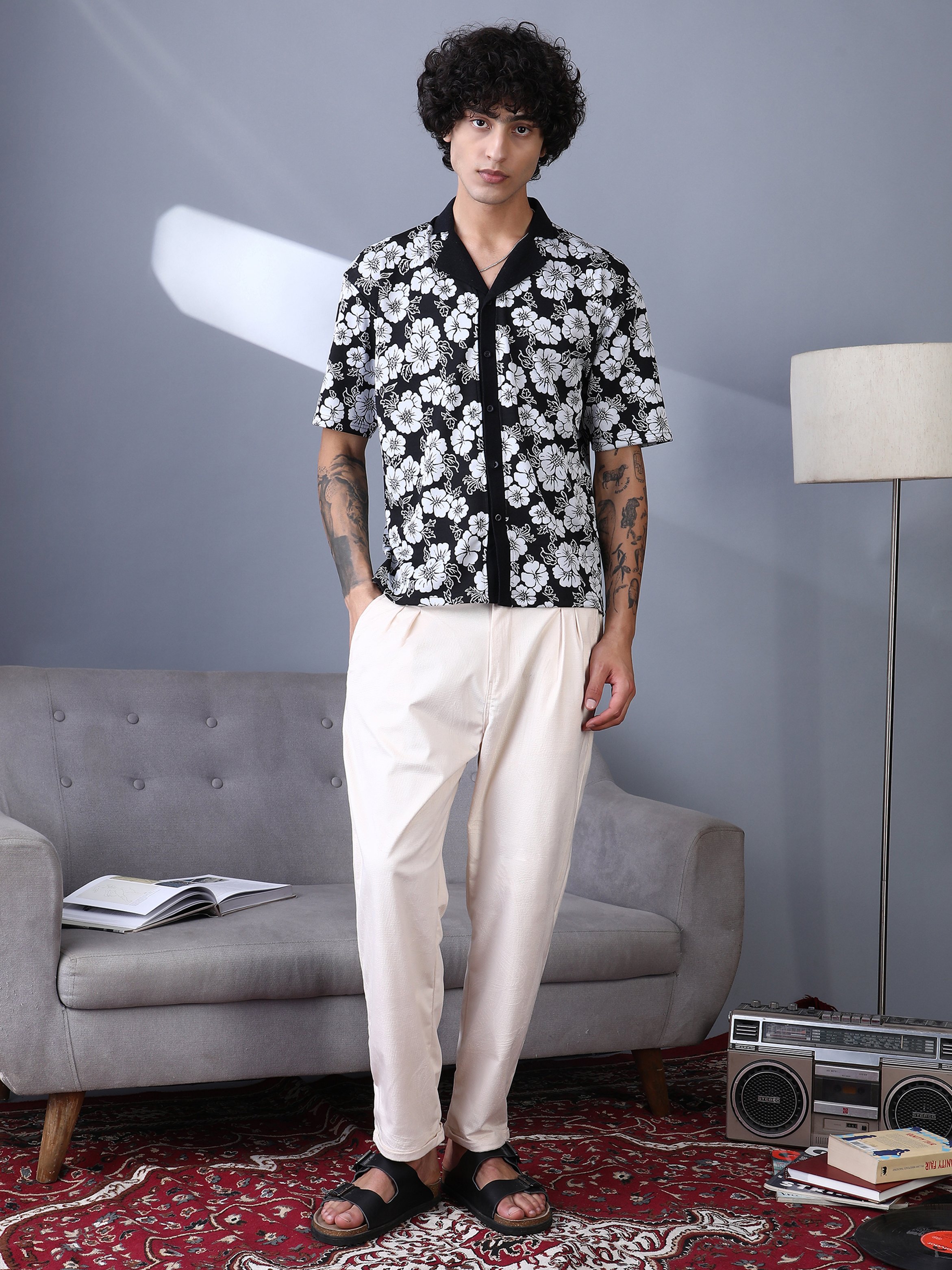 Men Floral Print Cuban Collar Shirt