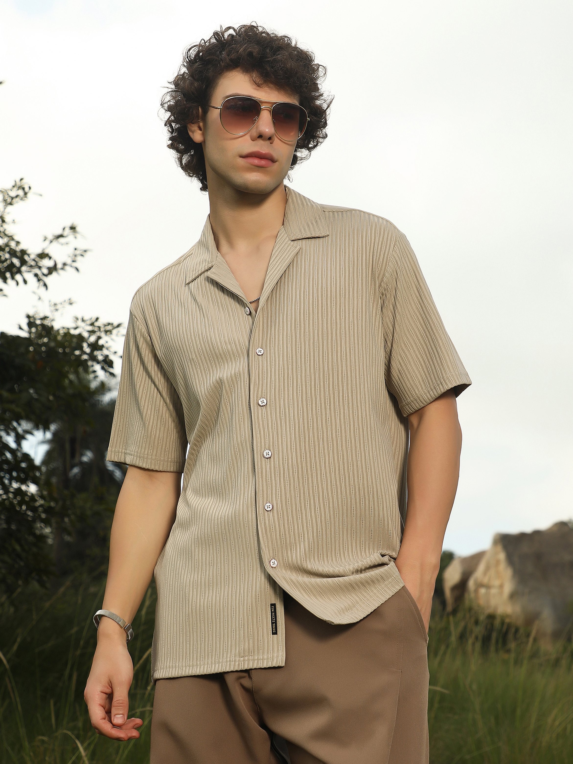 Men Beige Textured Short Sleeve Shirt