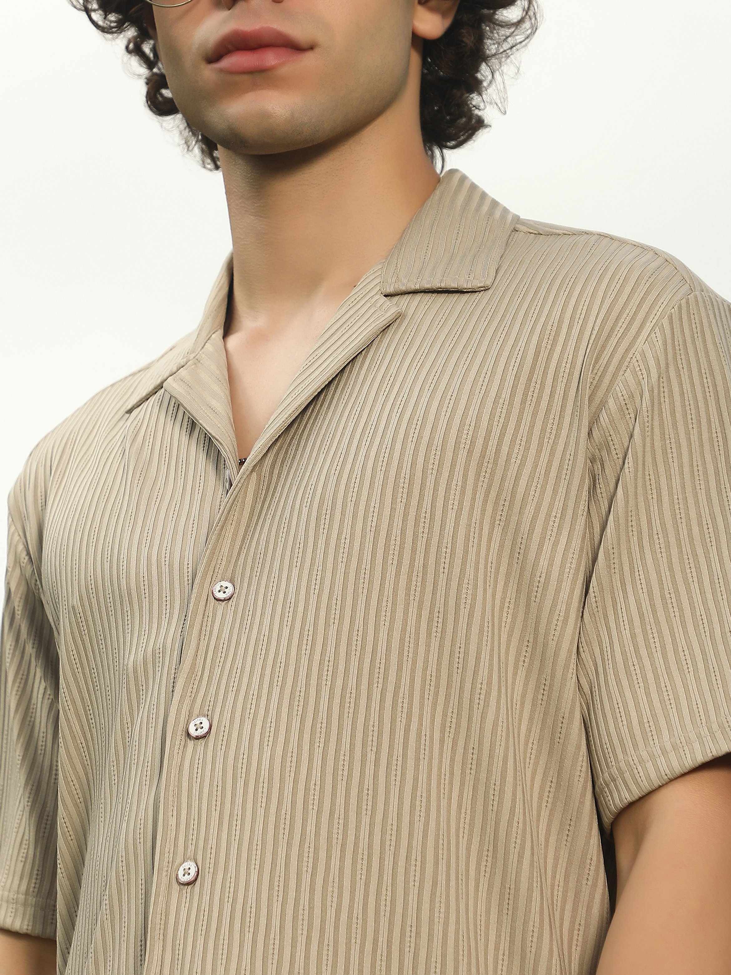 Men Beige Textured Short Sleeve Shirt