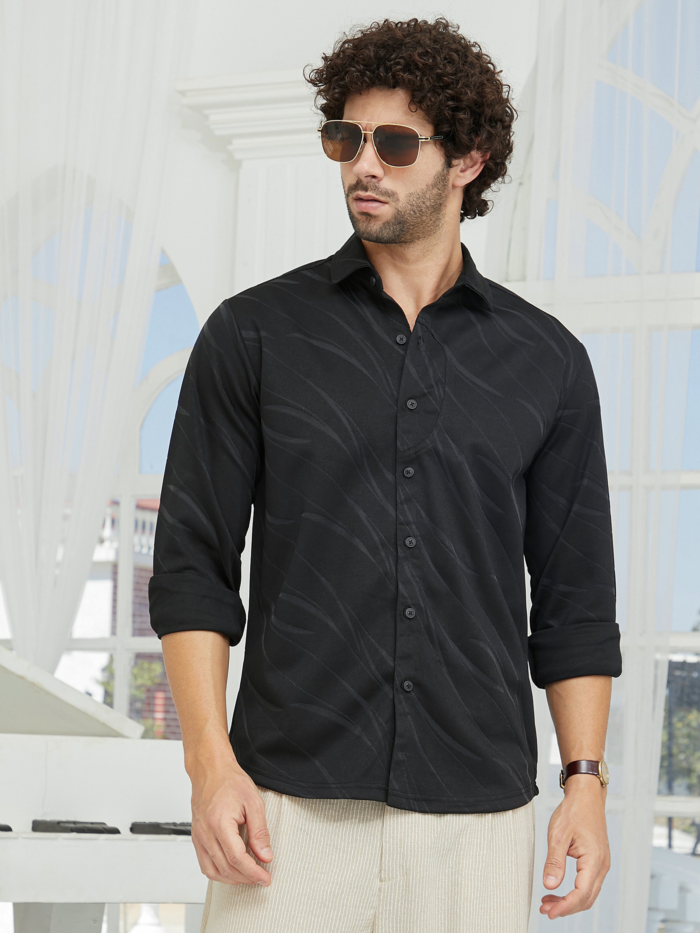 Men Black Textured Regular Shirt
