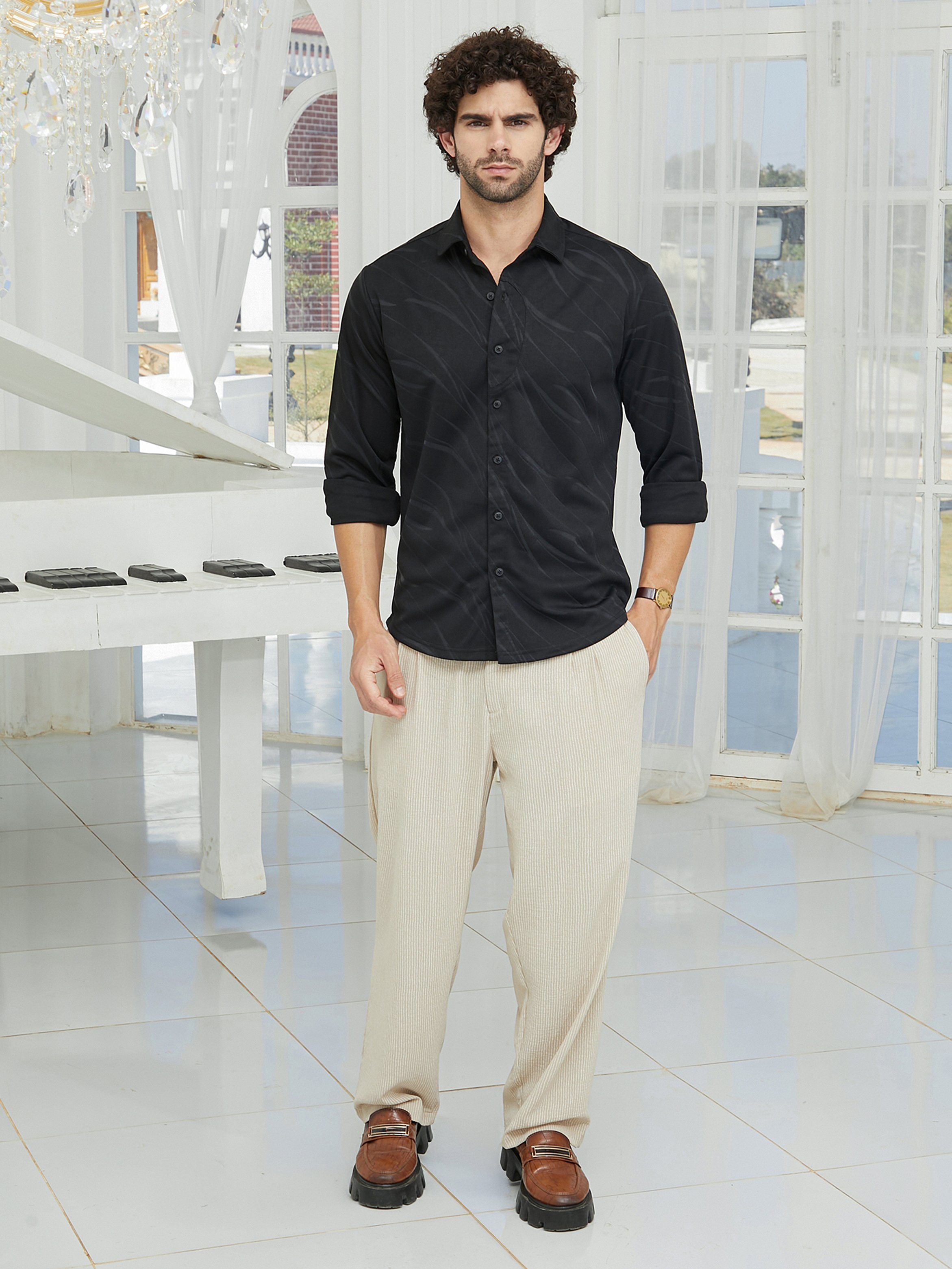 Men Black Textured Regular Shirt