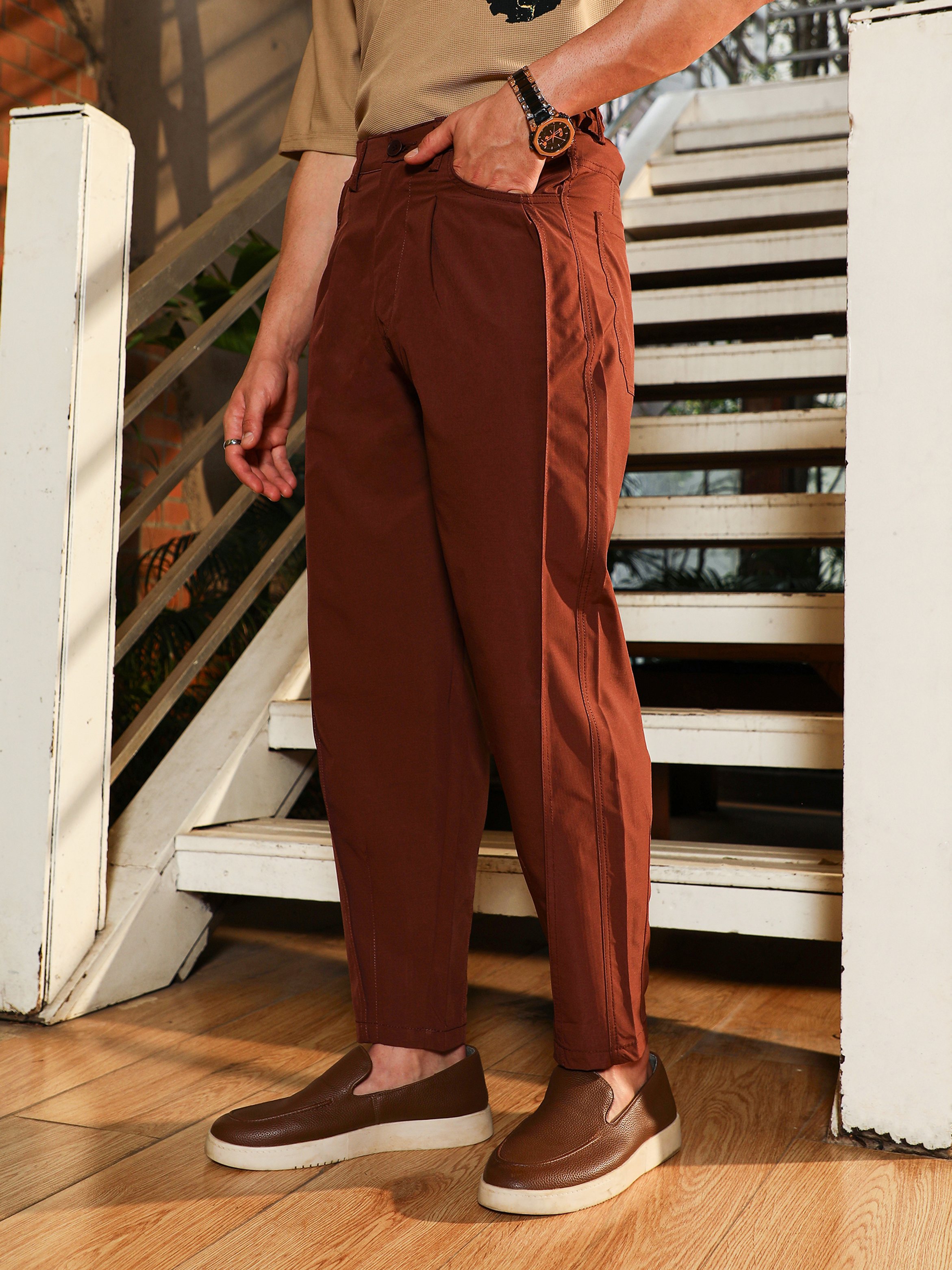 Men Chestnut Brown Pleat-Tapered Trousers