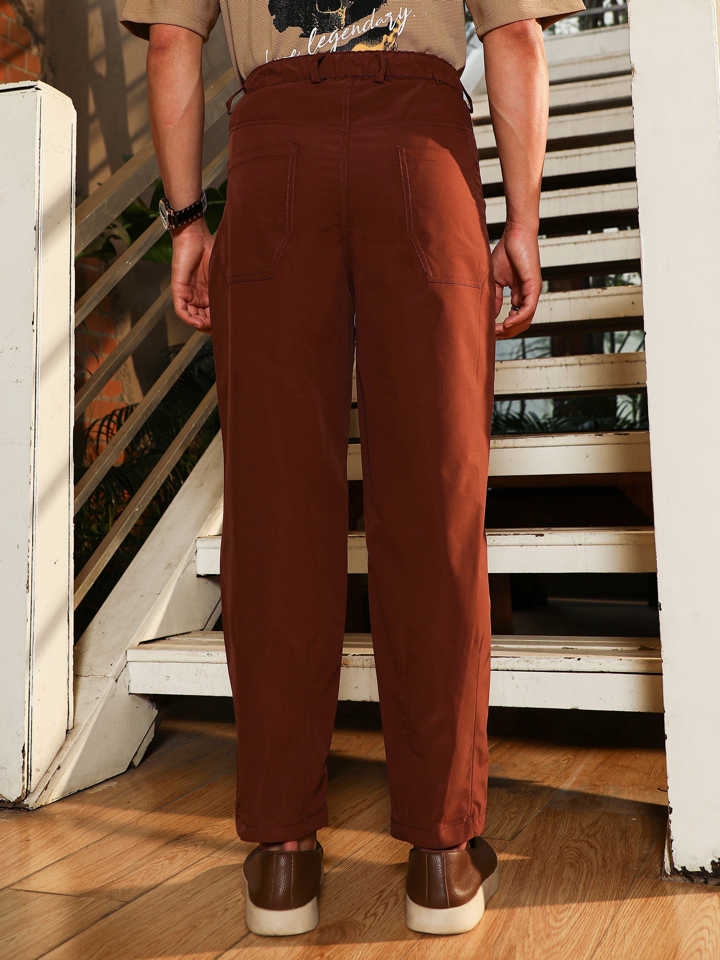 Men Chestnut Brown Pleat-Tapered Trousers