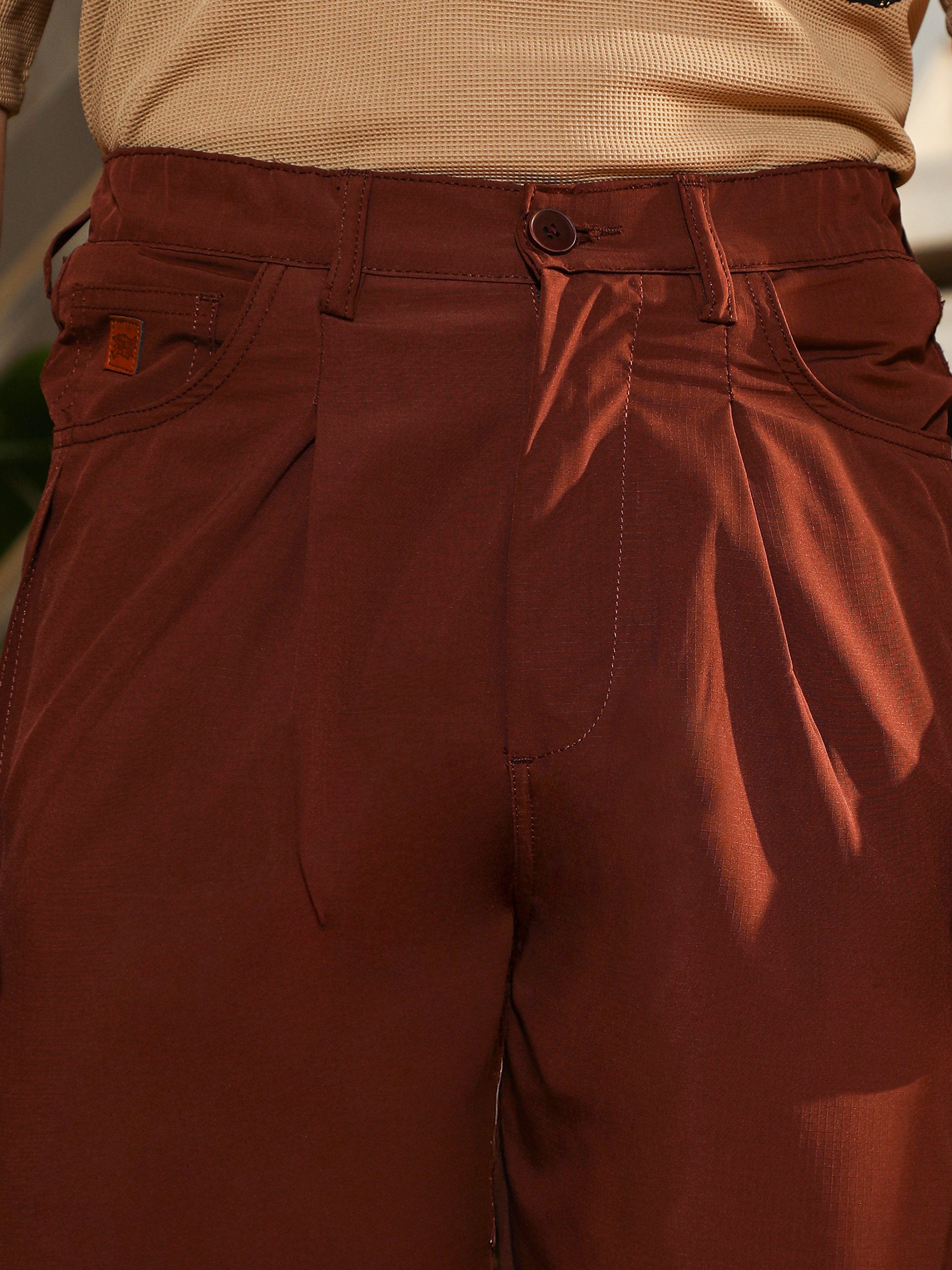 Men Chestnut Brown Pleat-Tapered Trousers