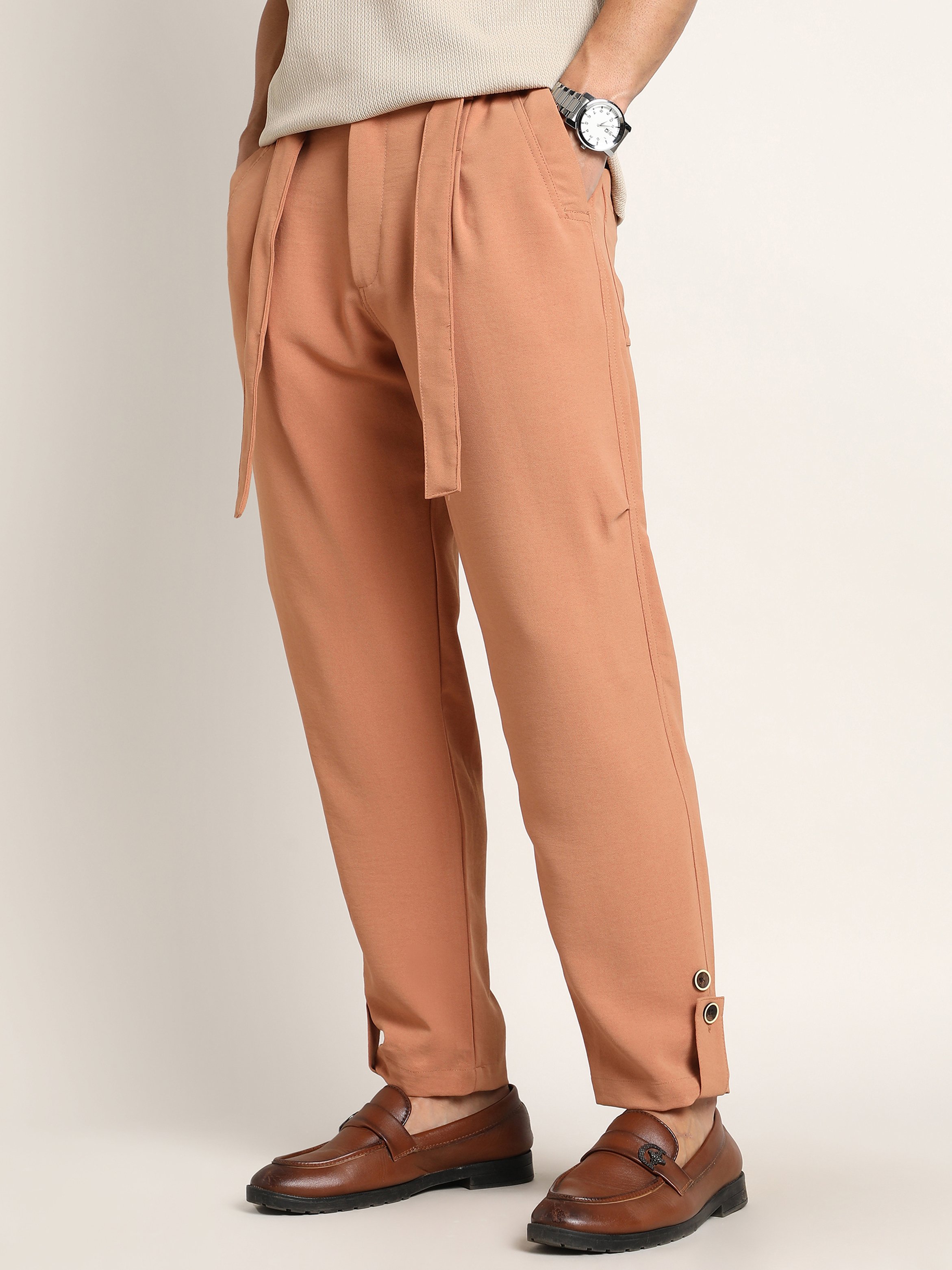 Men Peach Orange Roll-Up Trousers
