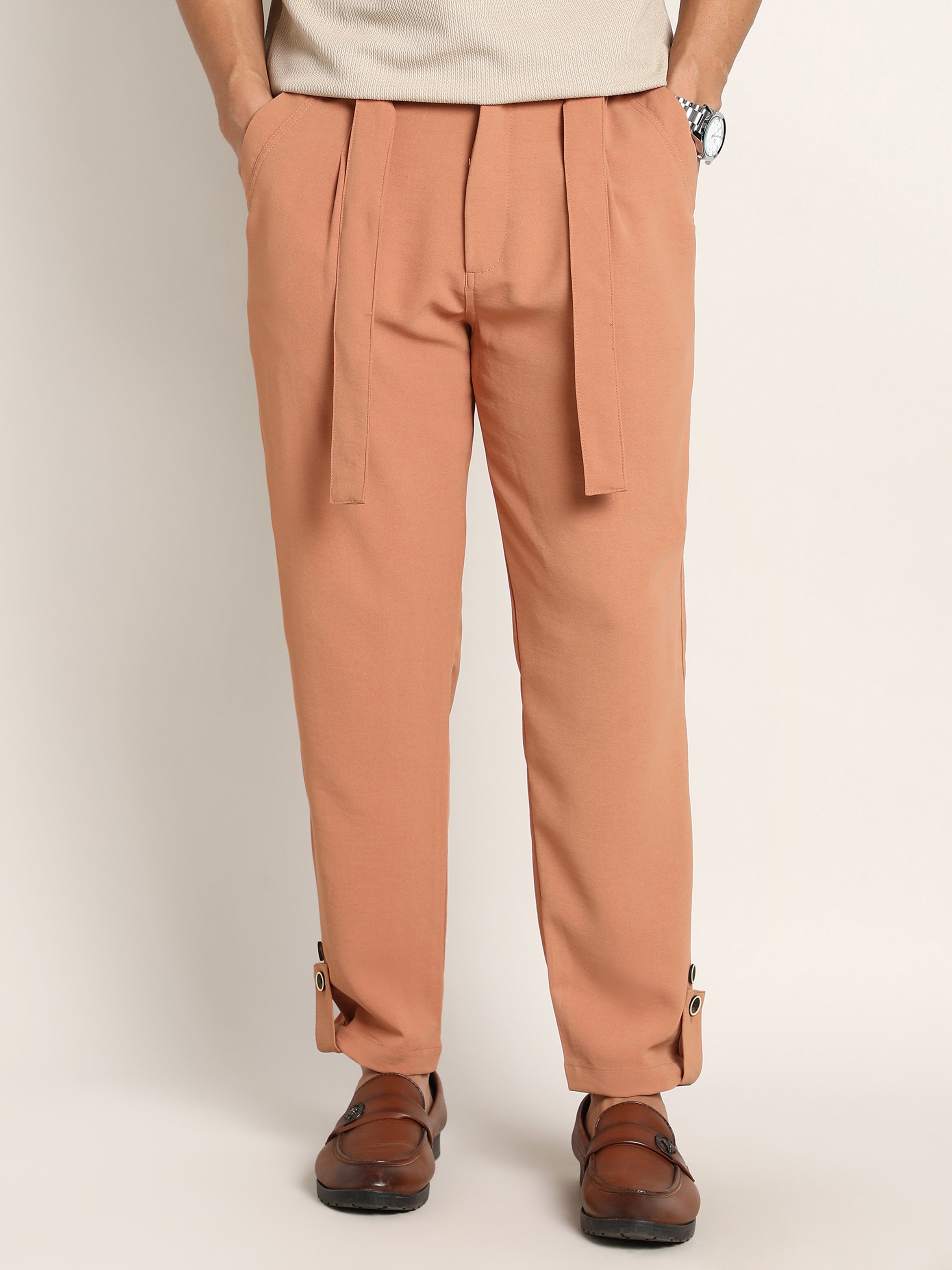 Men Peach Orange Roll-Up Trousers