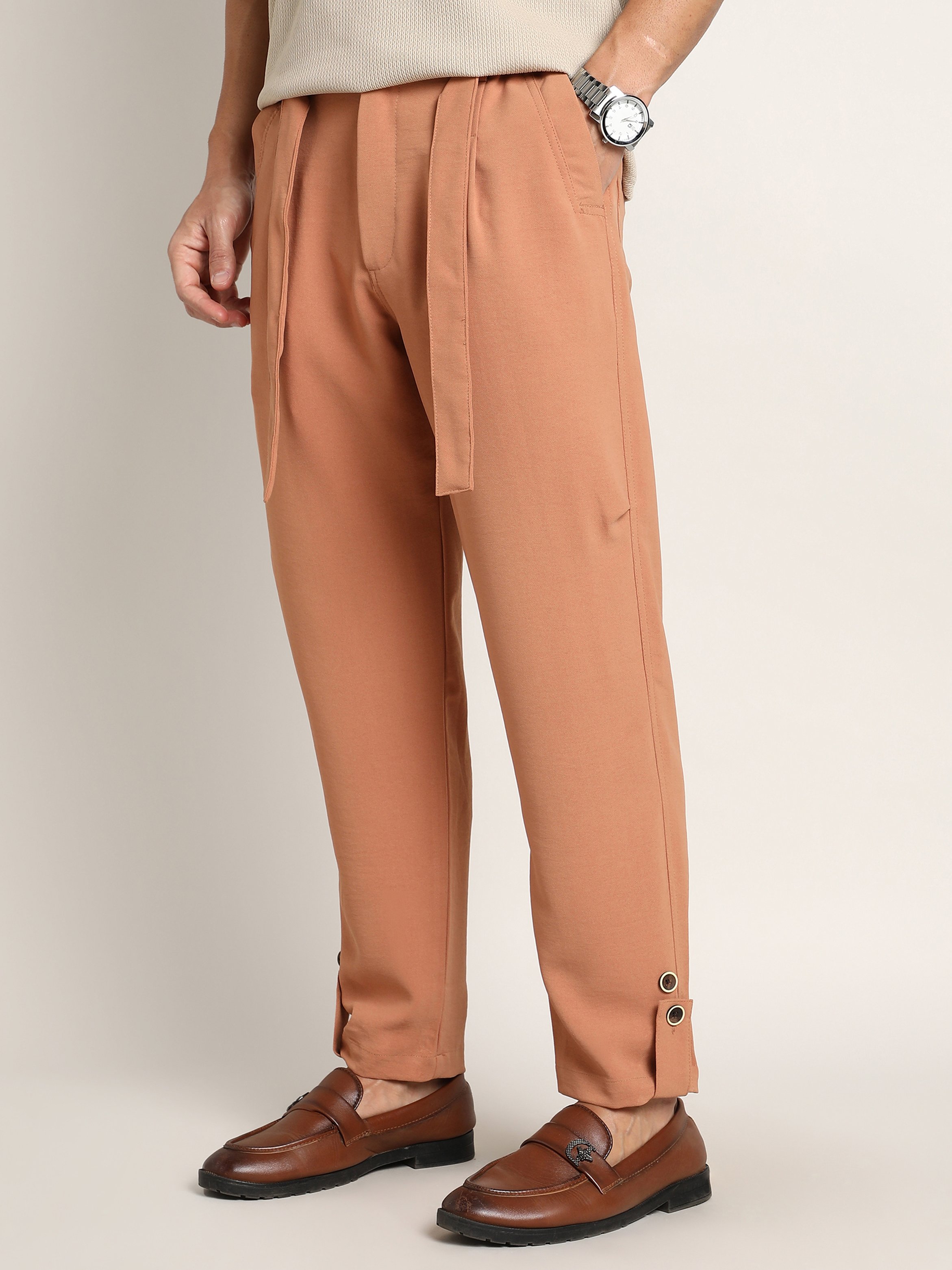 Men Peach Orange Roll-Up Trousers