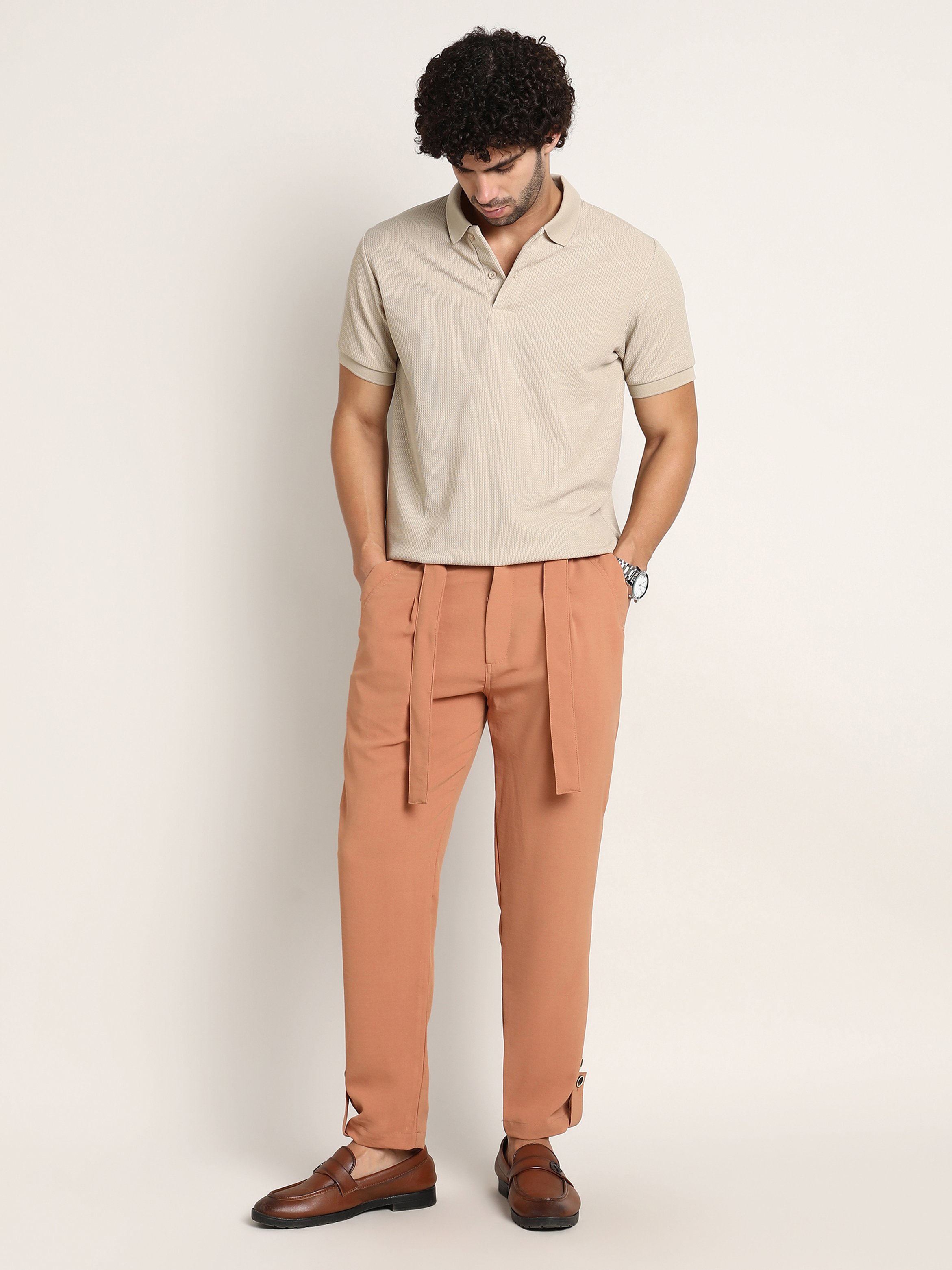 Men Peach Orange Roll-Up Trousers