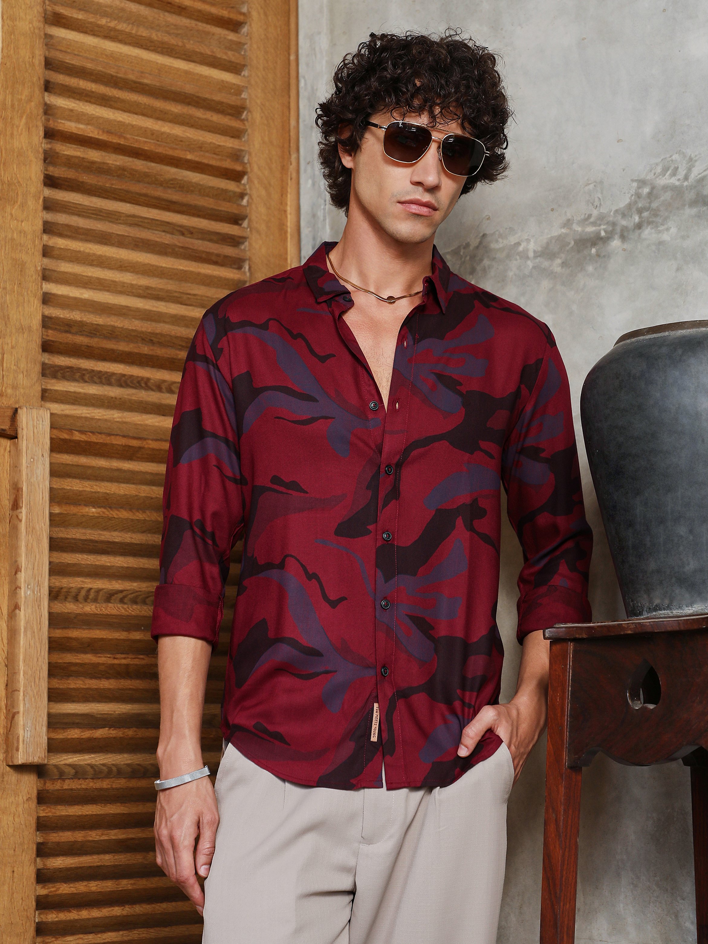 Men Red Camo Print Regular Shirt