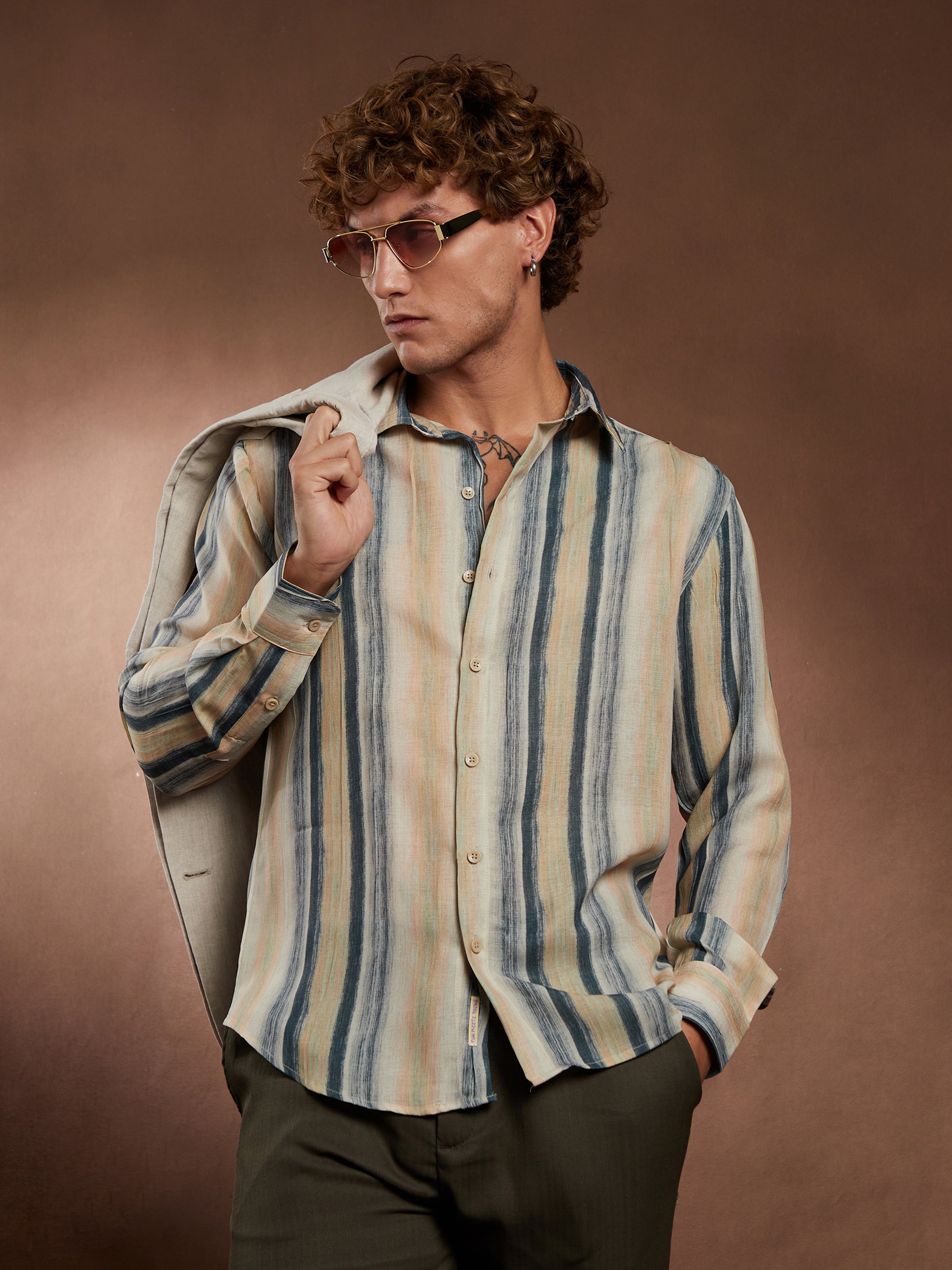 Men Striped-Strokes Linen Shirt