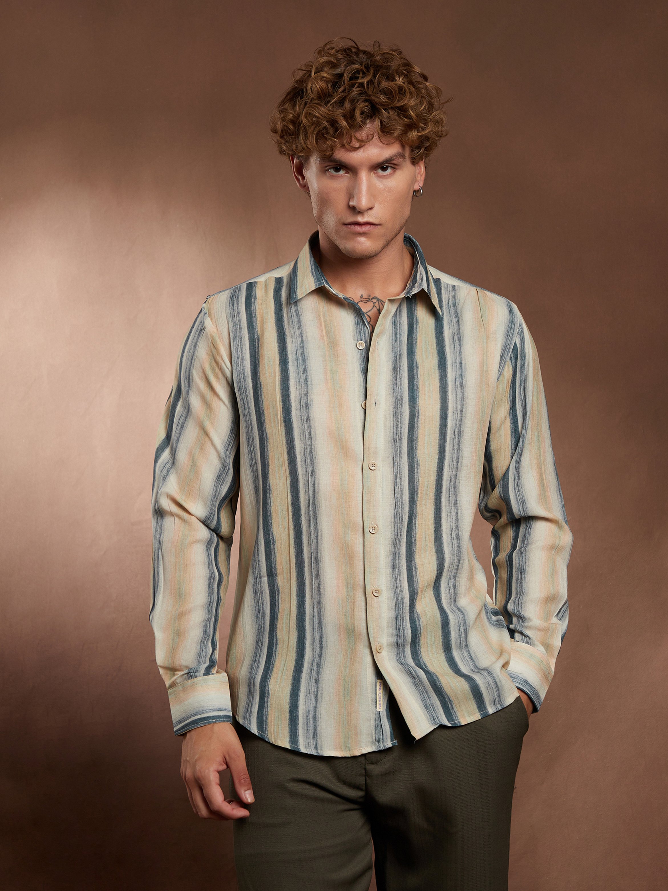 Men Striped-Strokes Linen Shirt