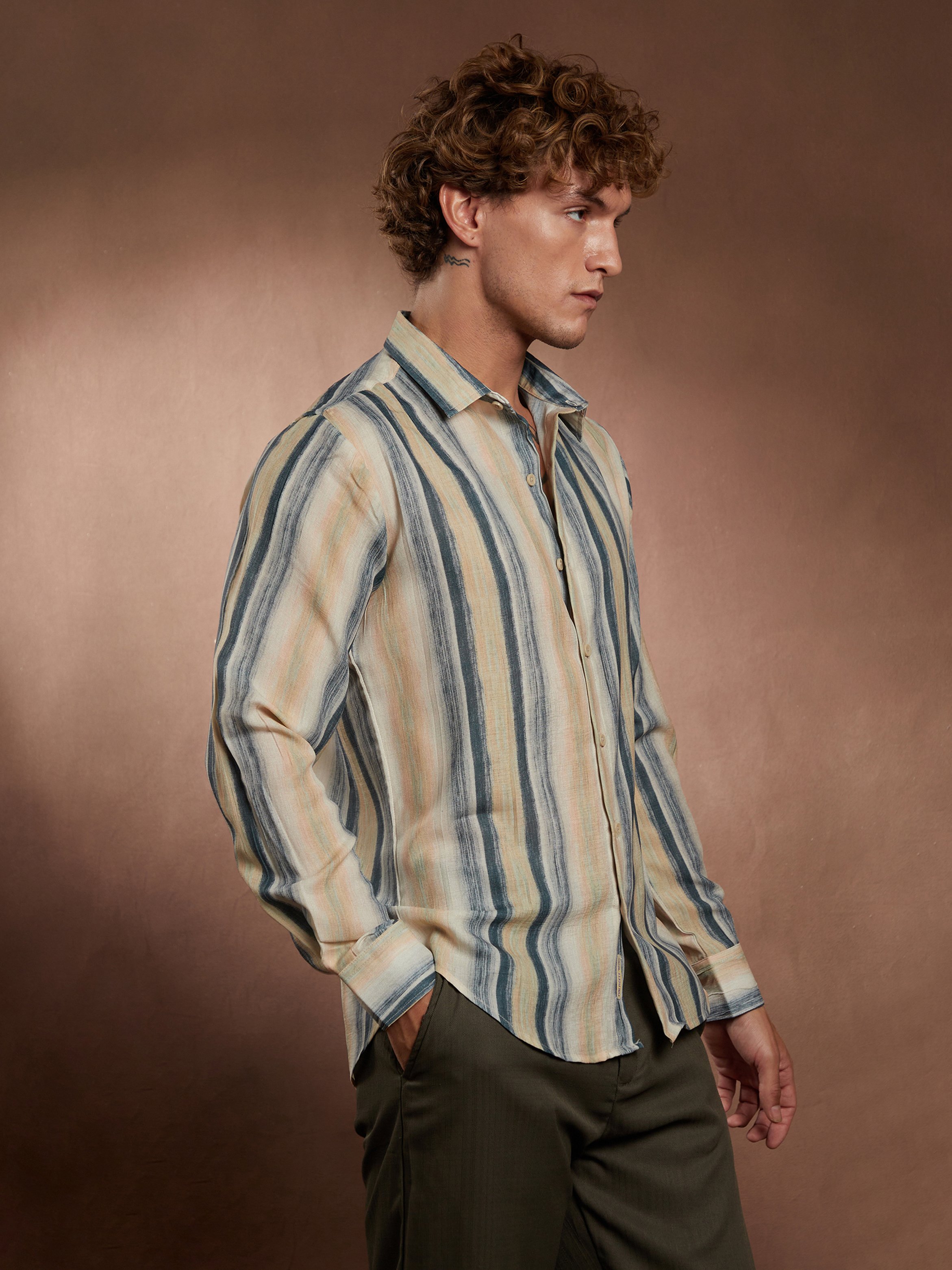 Men Striped-Strokes Linen Shirt