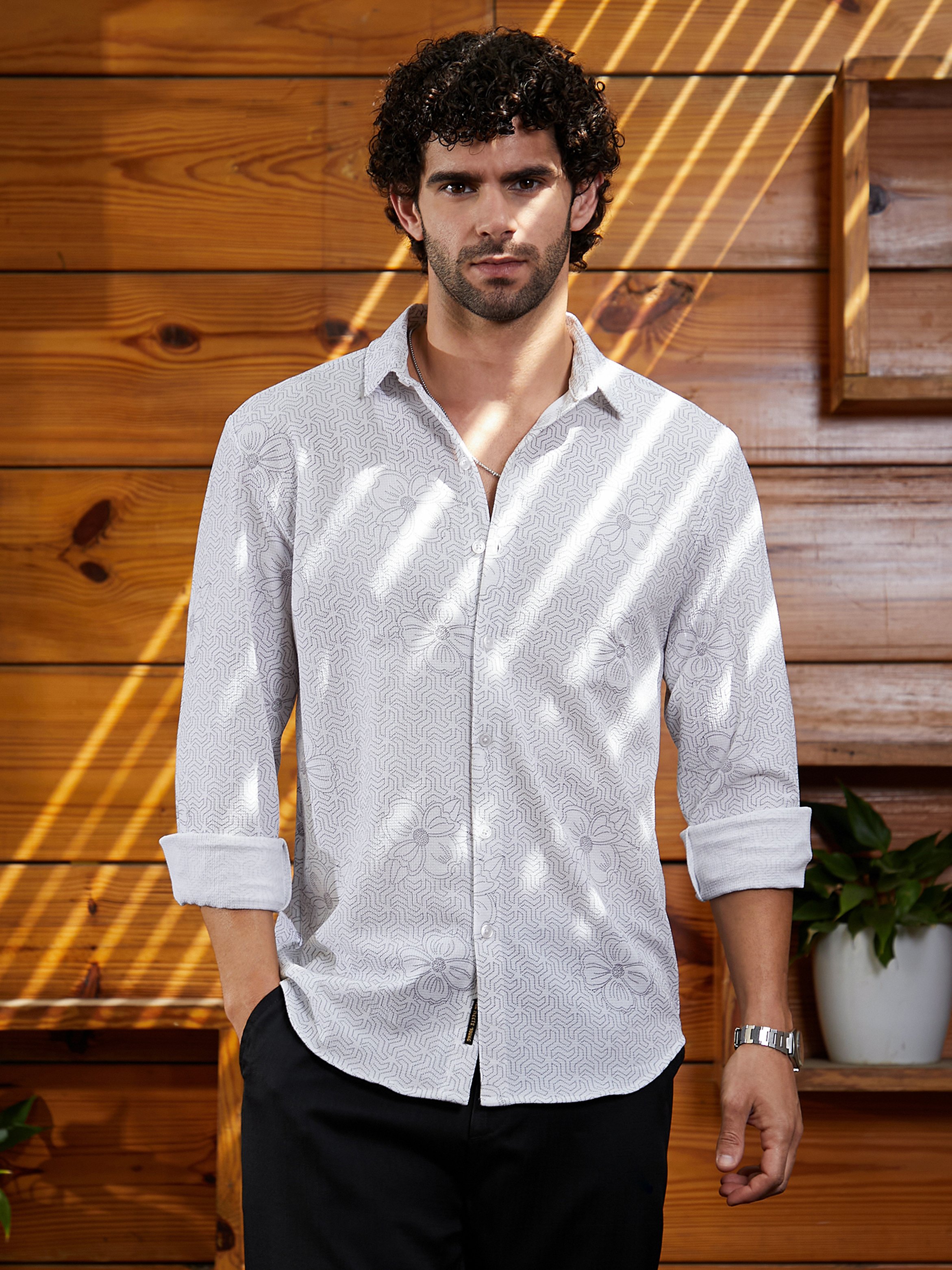 Men White Textured Regular Shirt