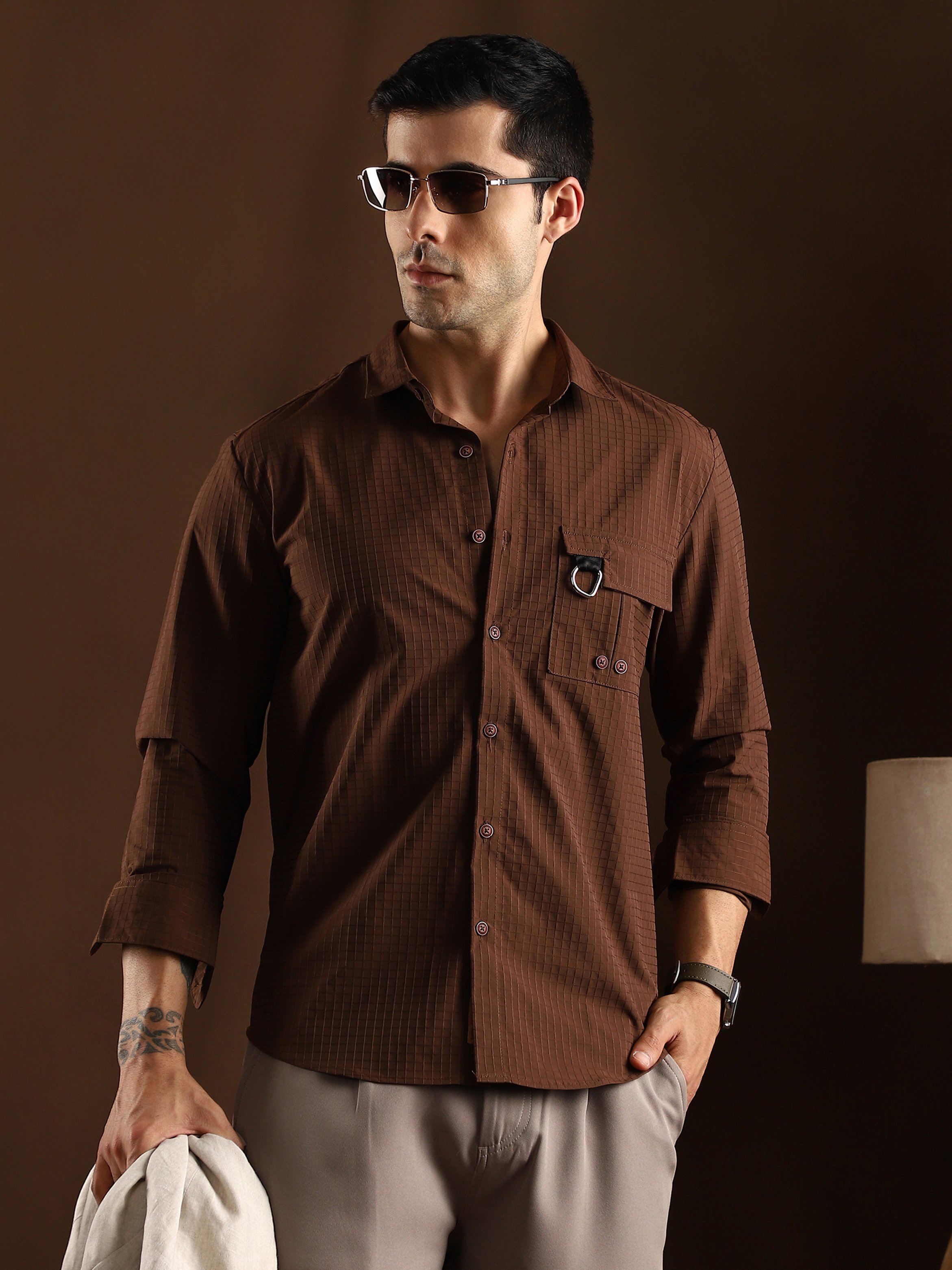 Men Chocolate Brown Grid-Utility Shirt