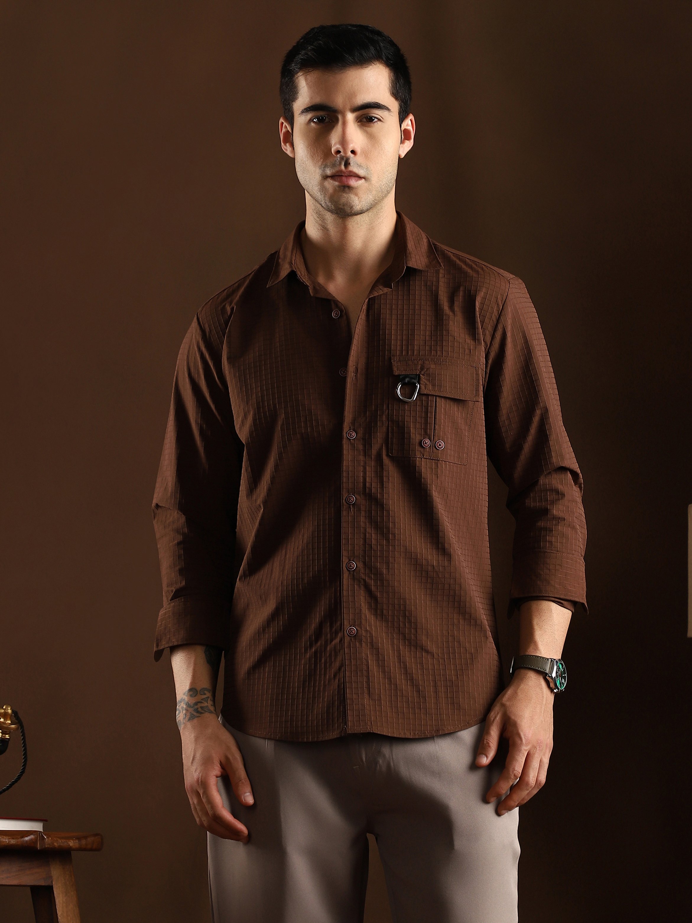 Men Chocolate Brown Grid-Utility Shirt
