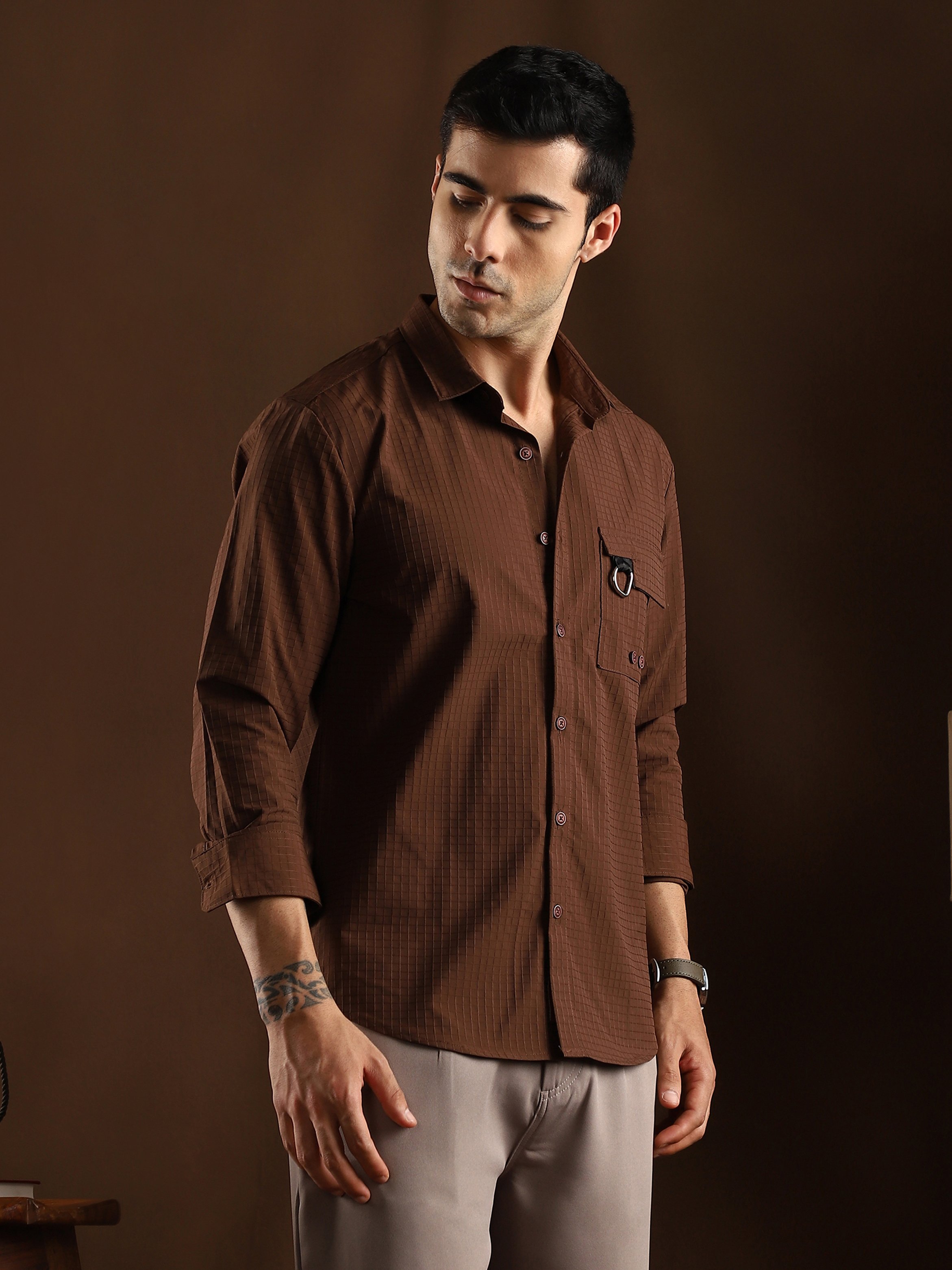 Men Chocolate Brown Grid-Utility Shirt