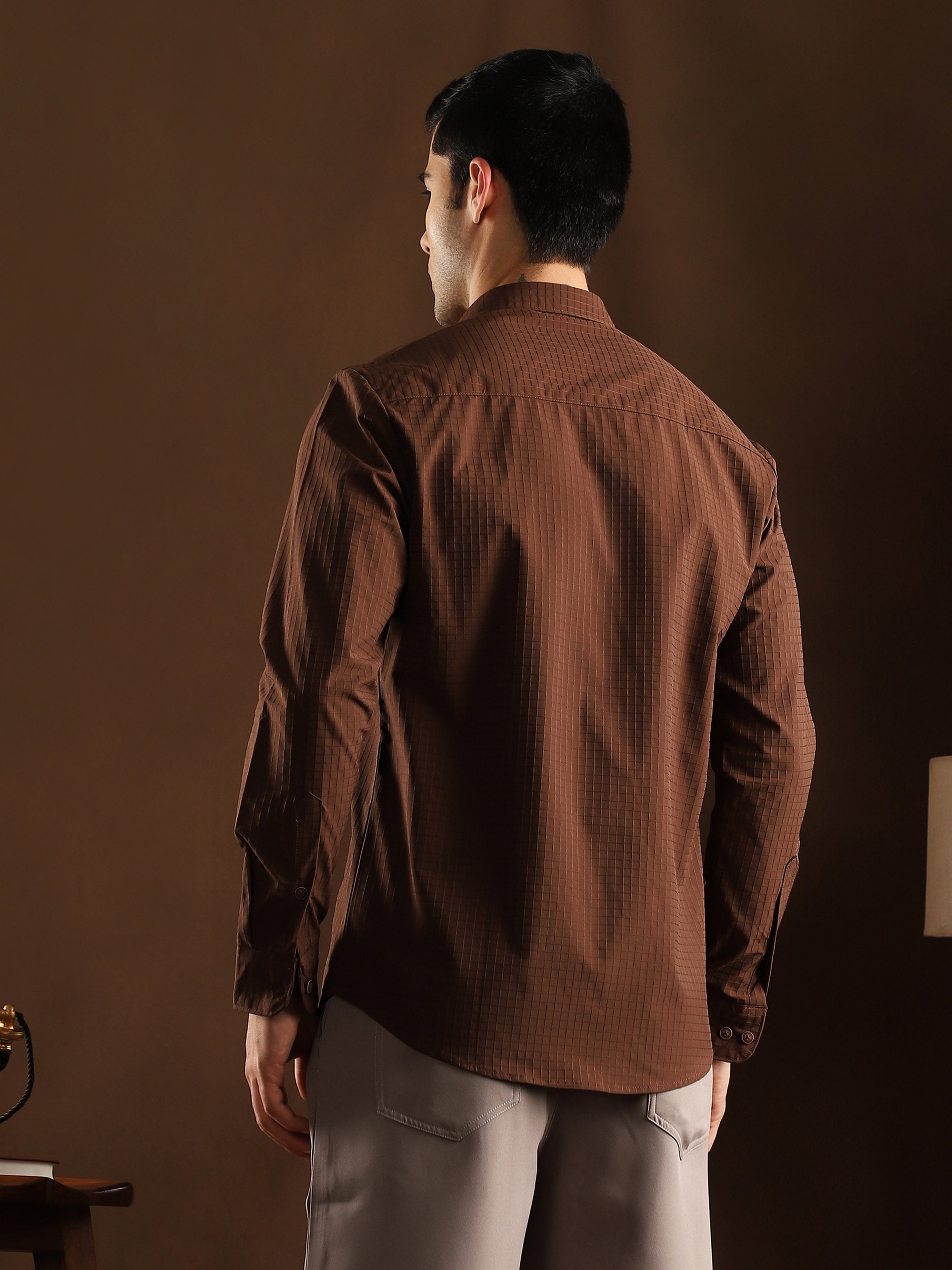 Men Chocolate Brown Grid-Utility Shirt