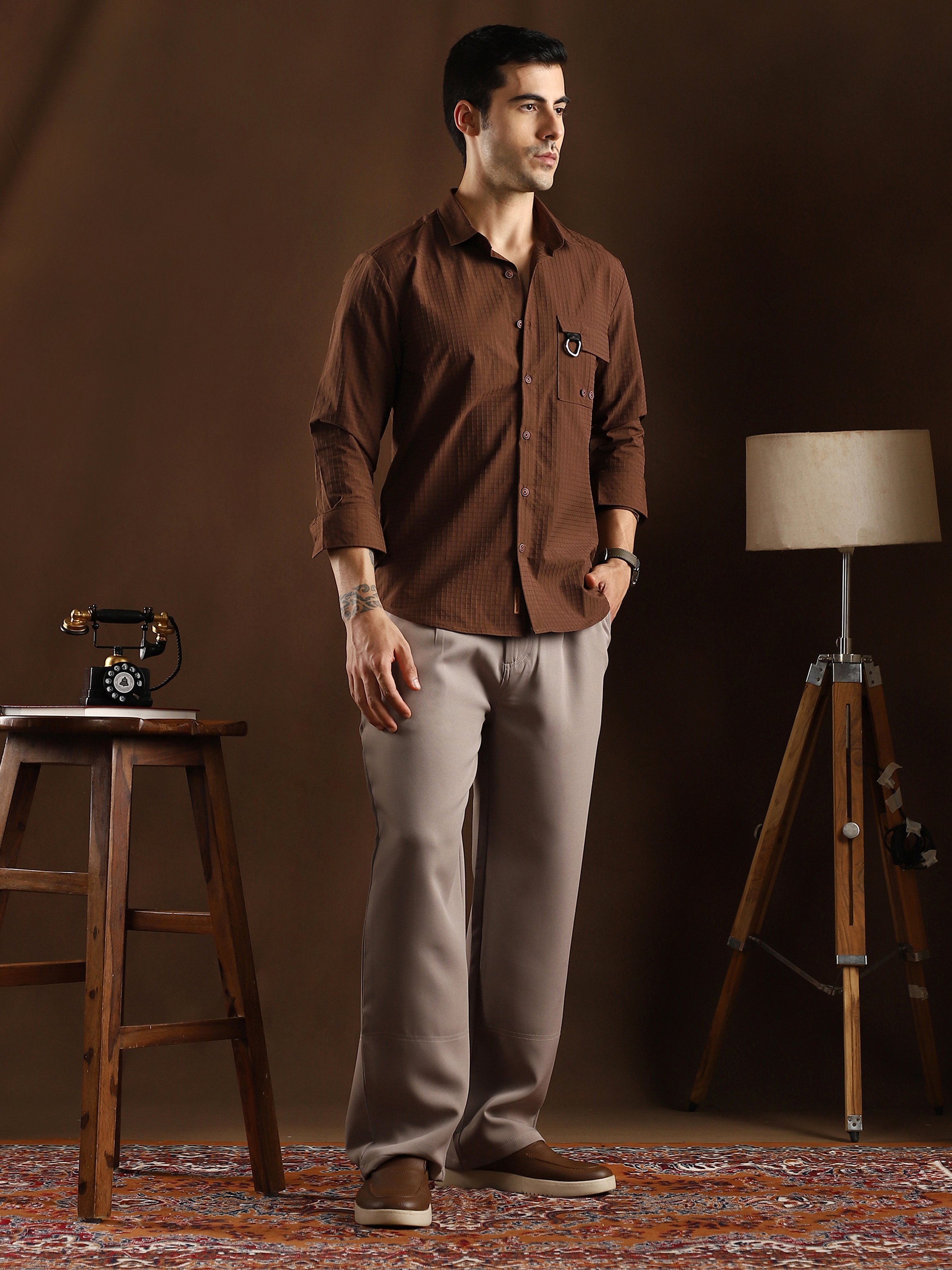 Men Chocolate Brown Grid-Utility Shirt