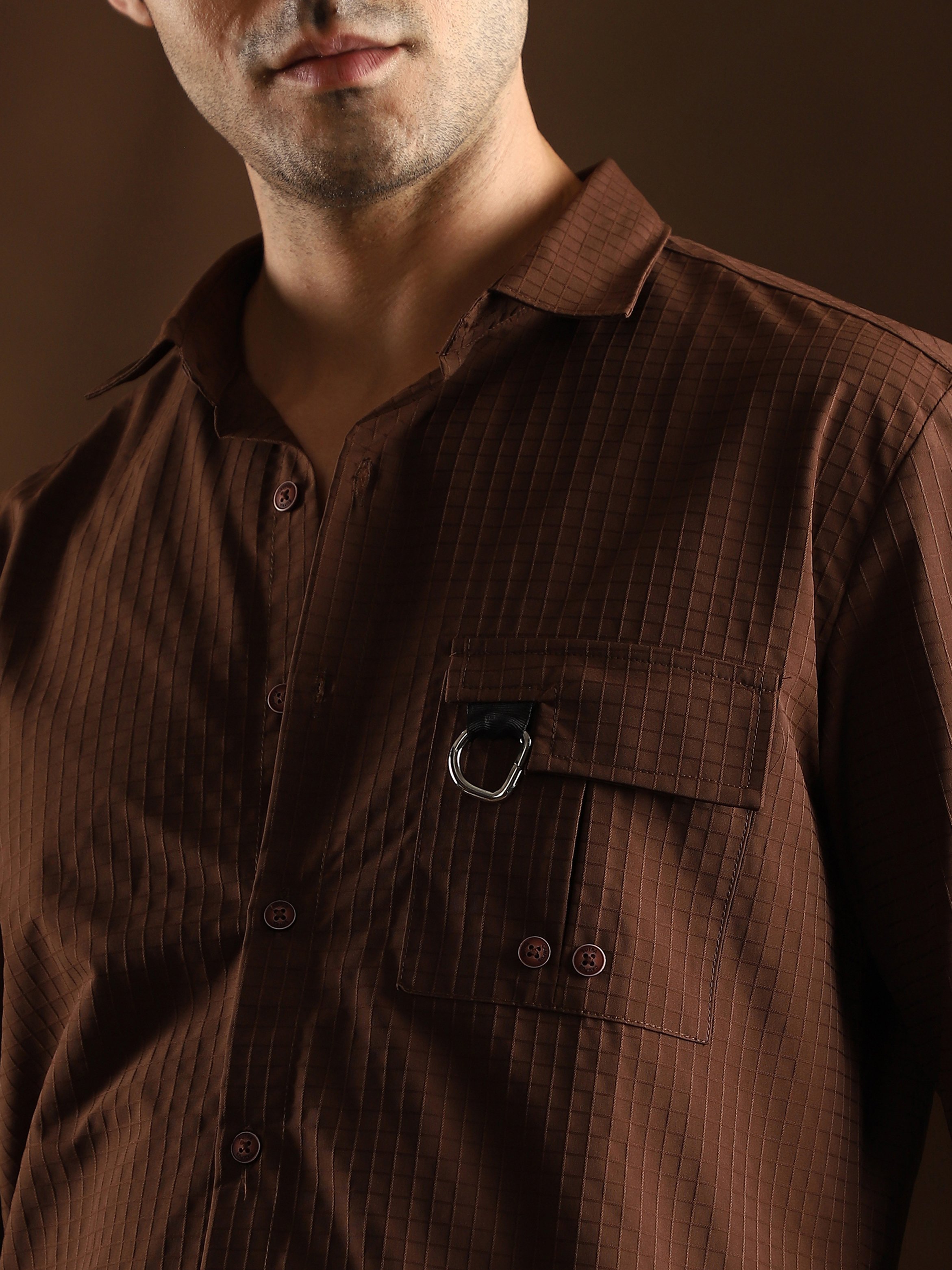 Men Chocolate Brown Grid-Utility Shirt