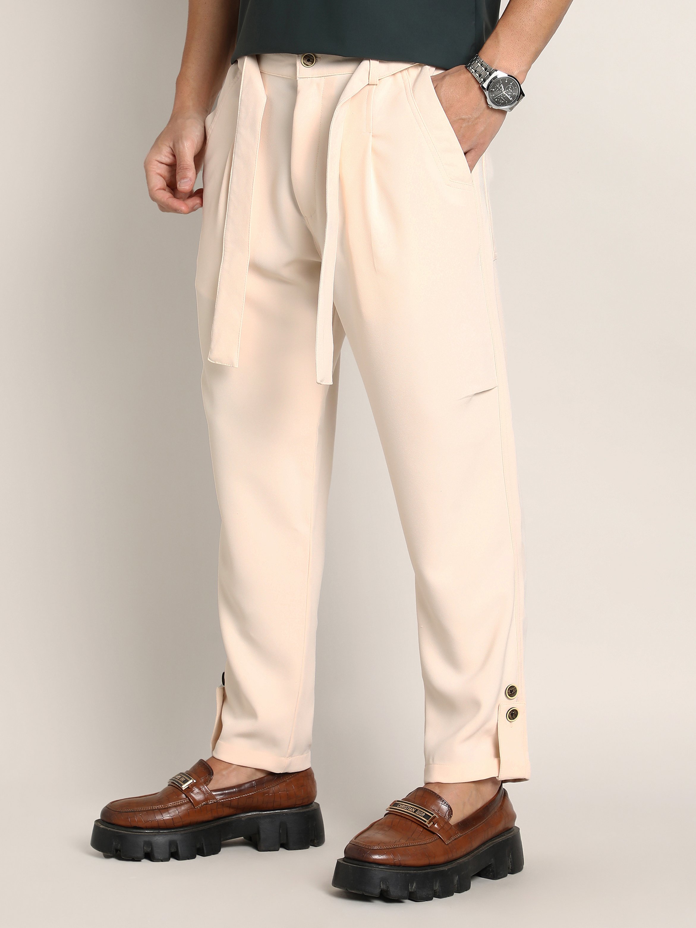 Men Daisy White Roll-Up Trousers