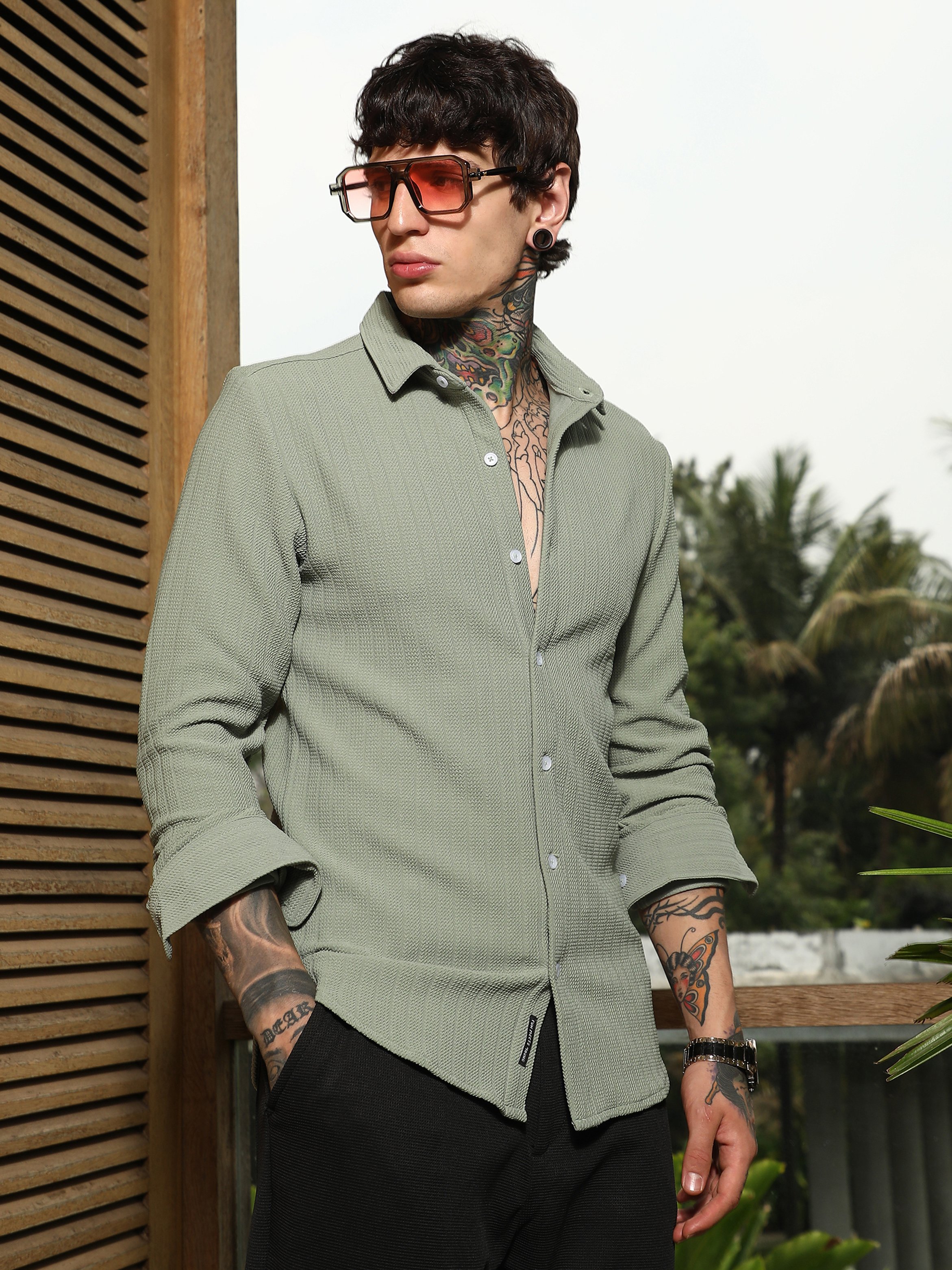Men Mint Green Textured Regular Shirt