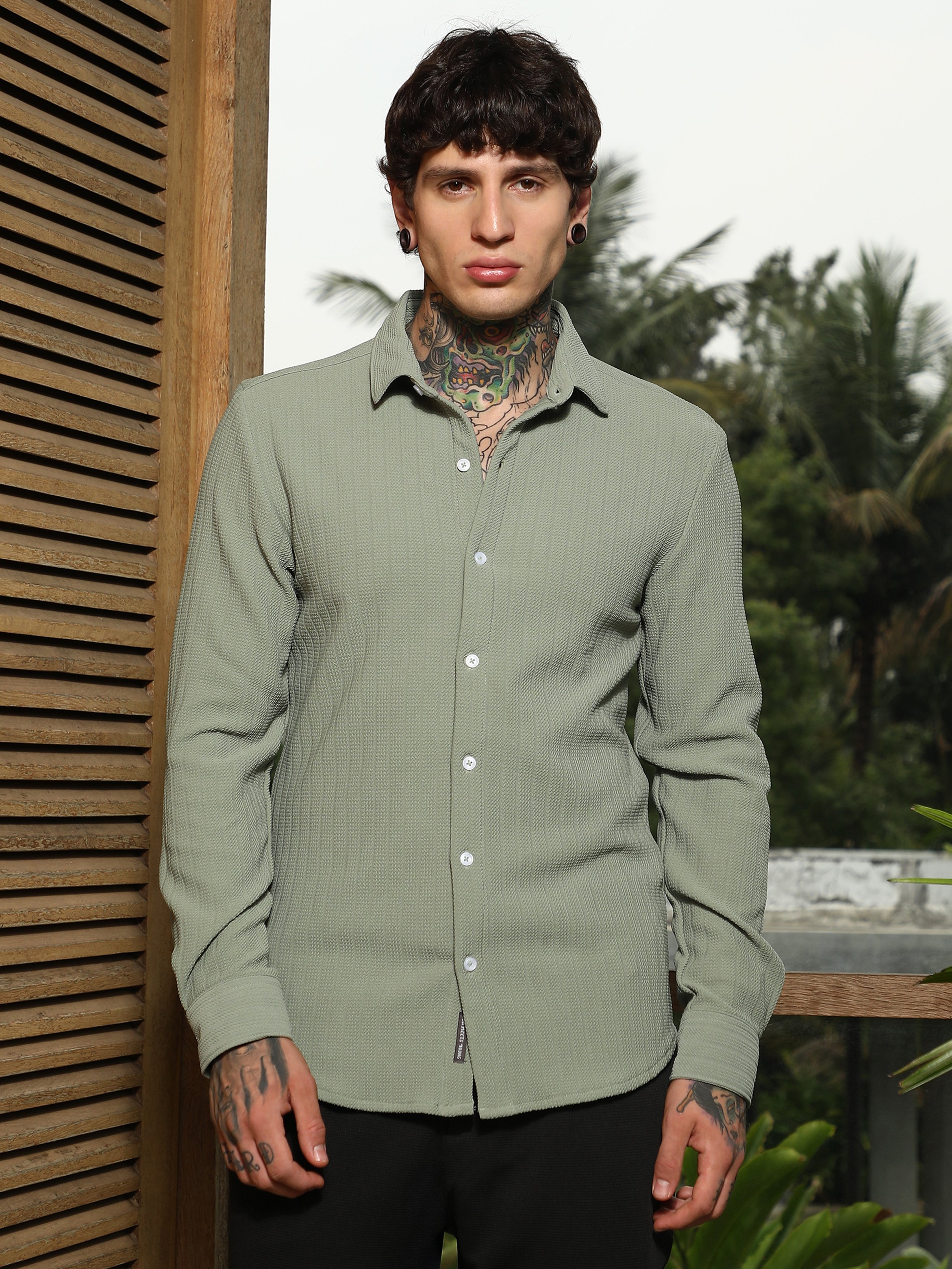 Men Mint Green Textured Regular Shirt