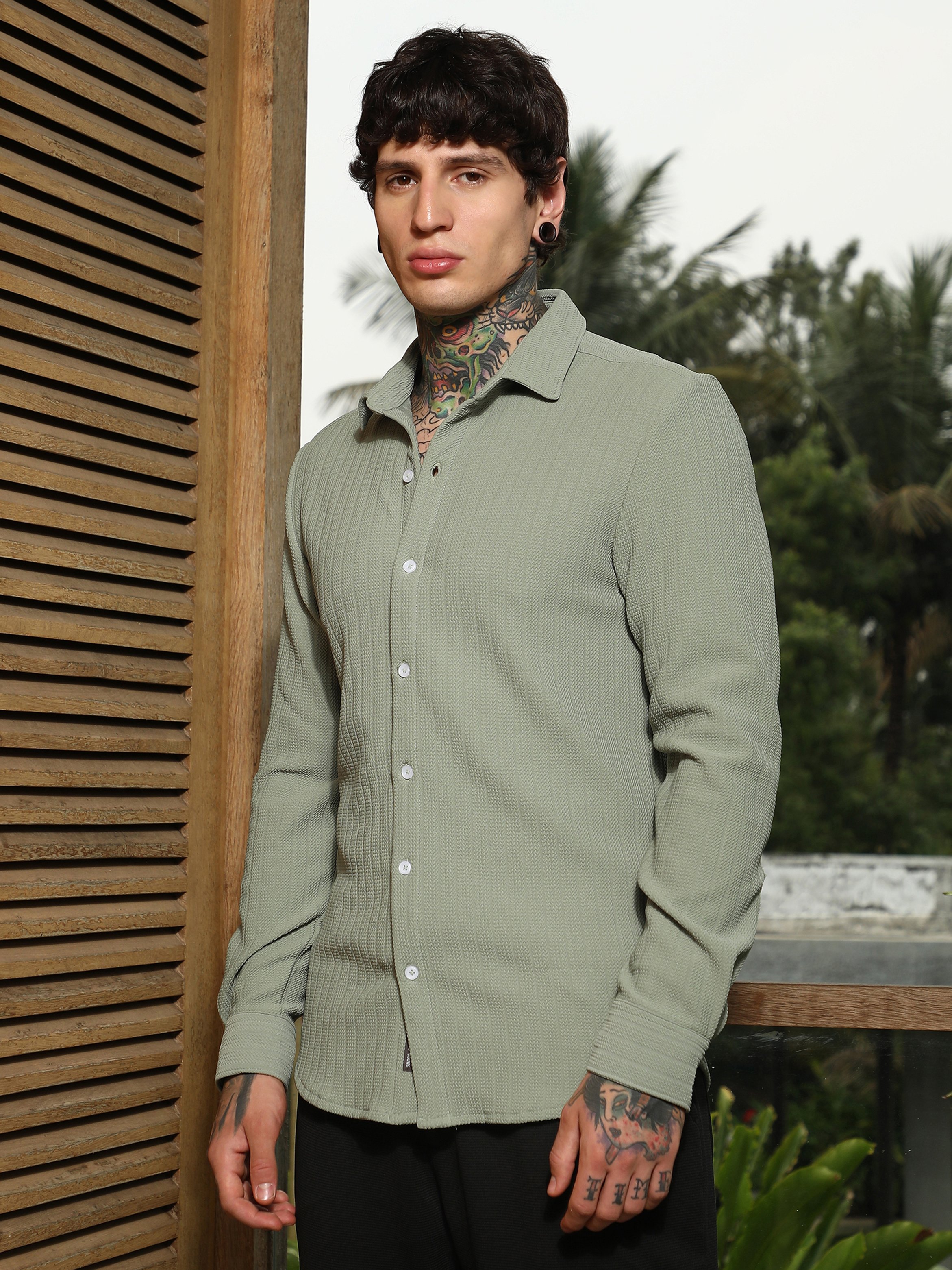 Men Mint Green Textured Regular Shirt