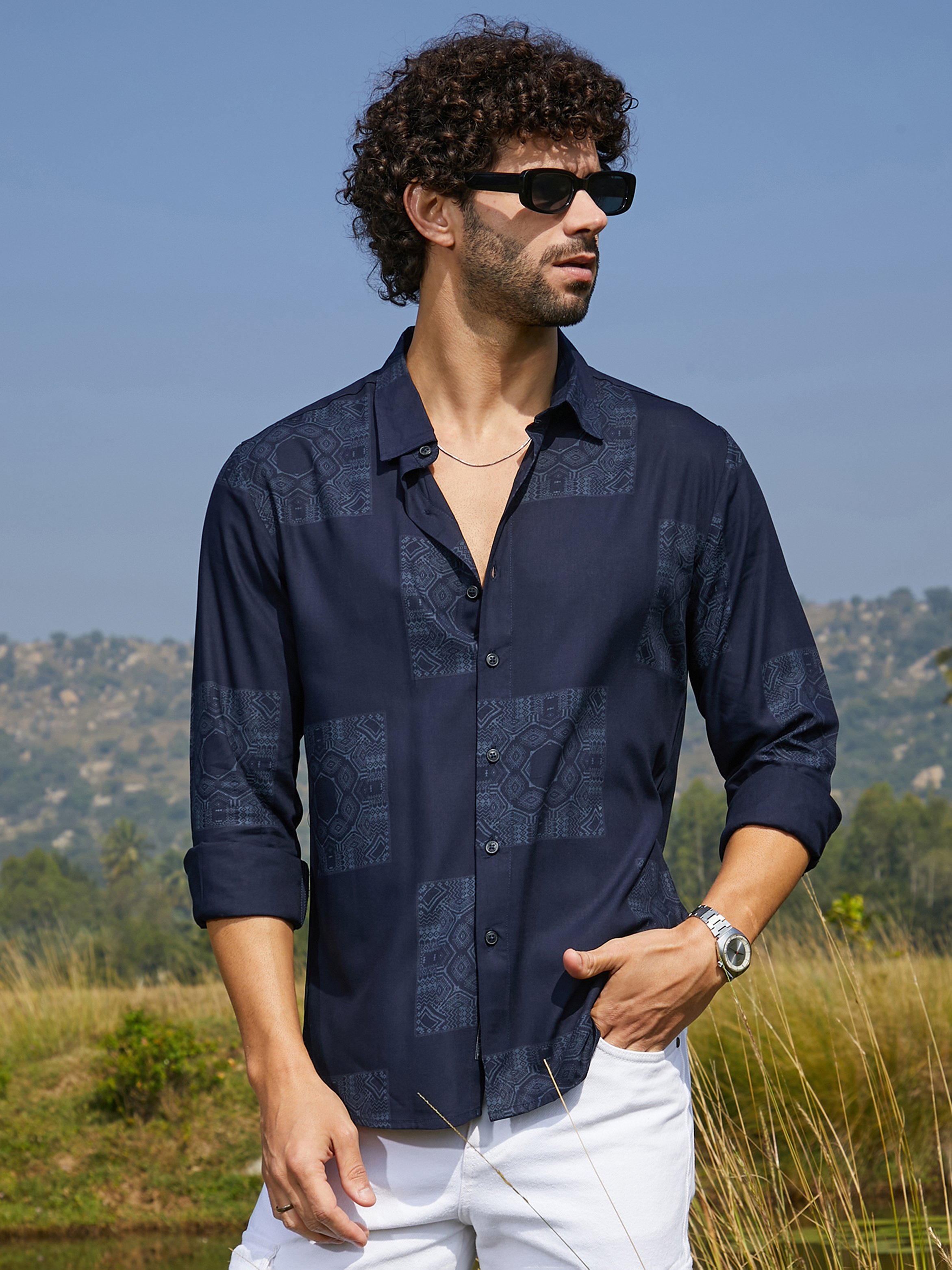 Men Navy Blue Geometric Print Shirt