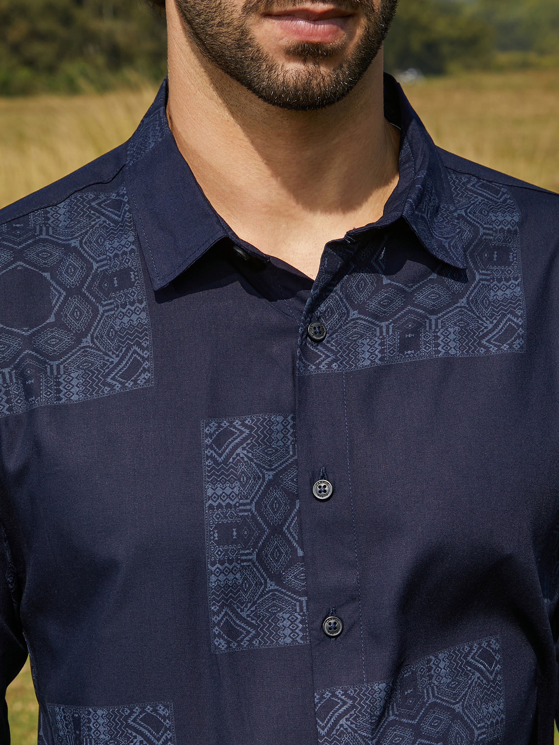 Men Navy Blue Geometric Print Shirt