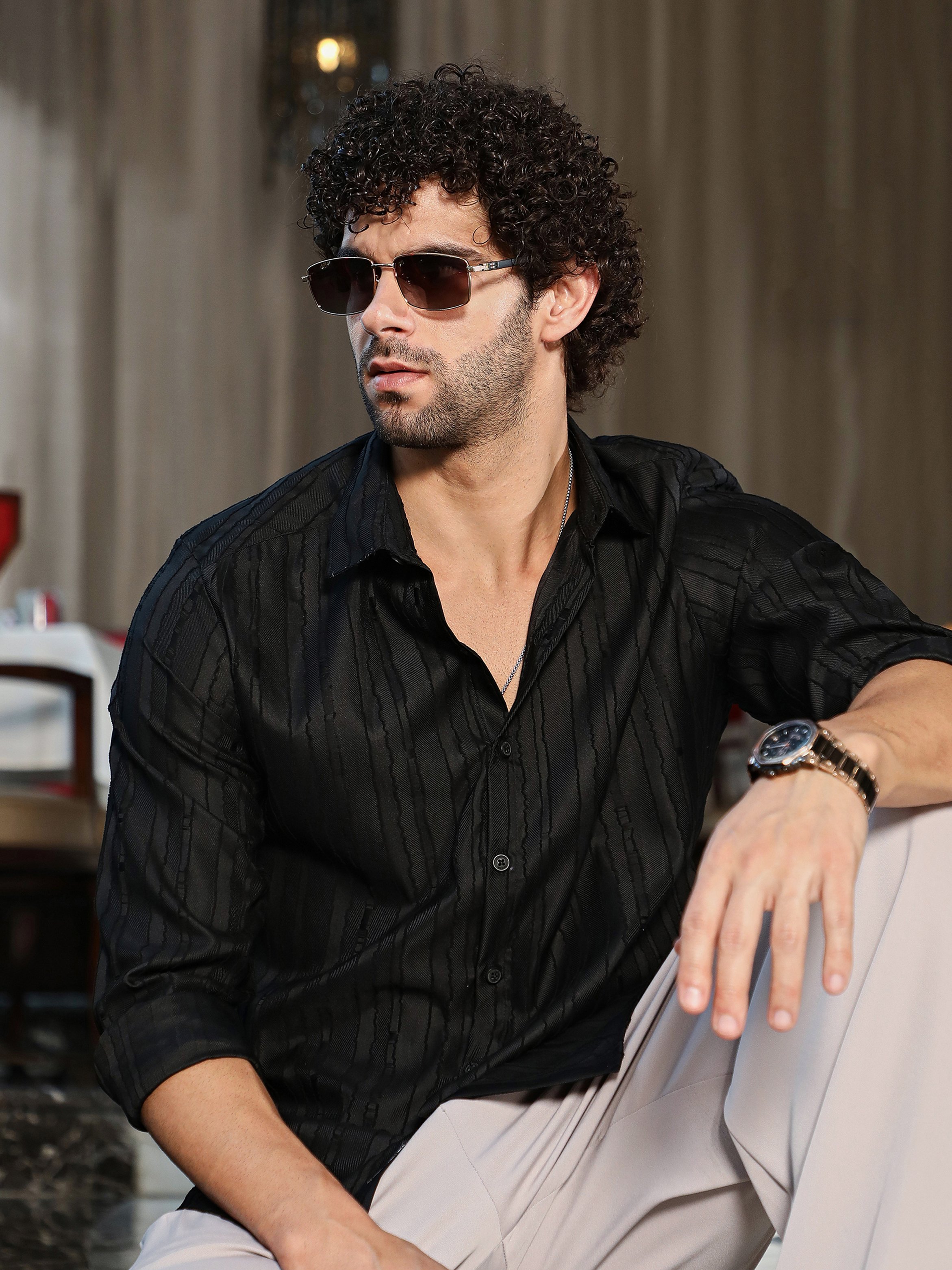 Men Black Textured Spread Collar Shirt