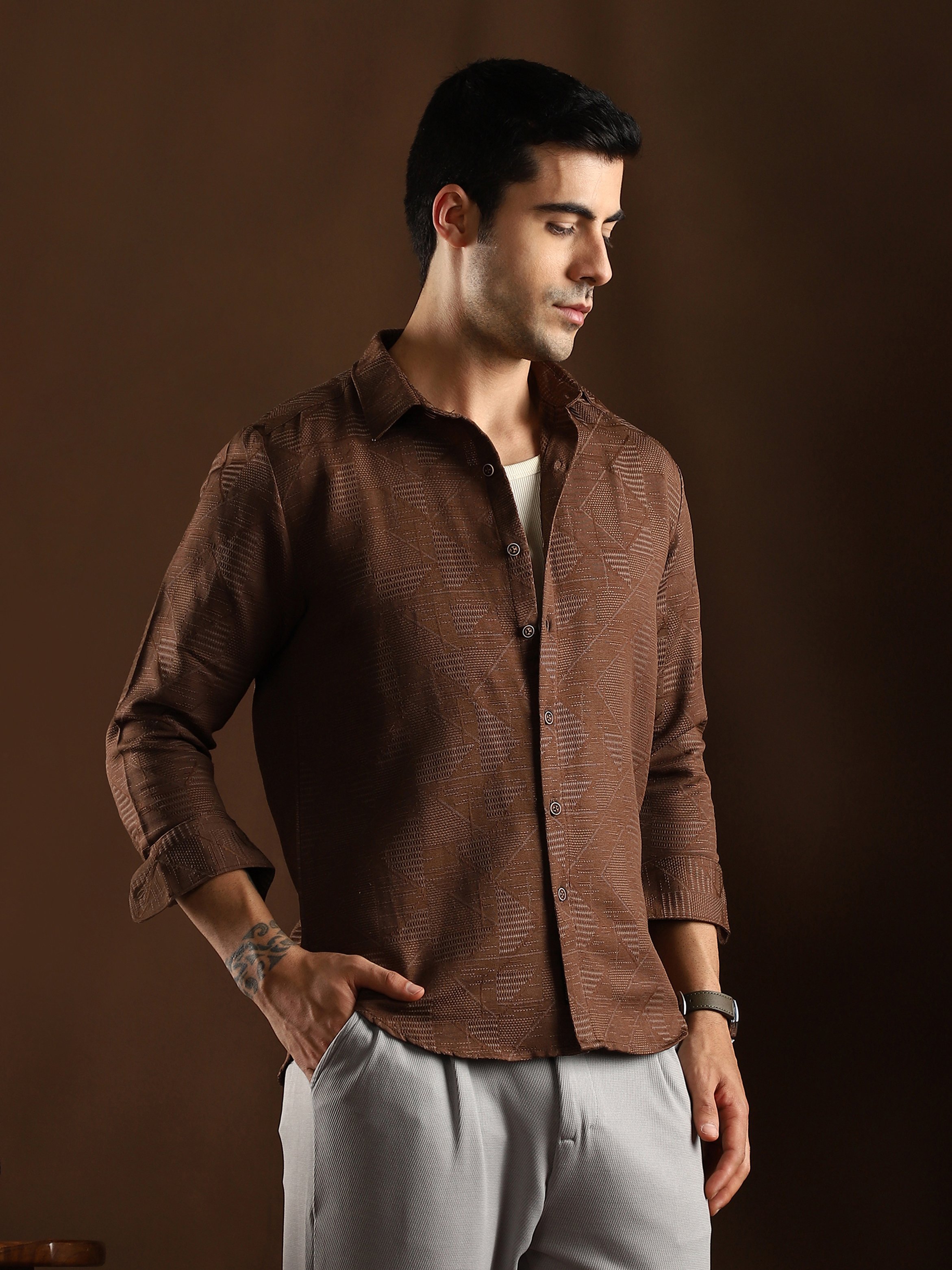 Men Chocolate Brown Textured Weave Shirt