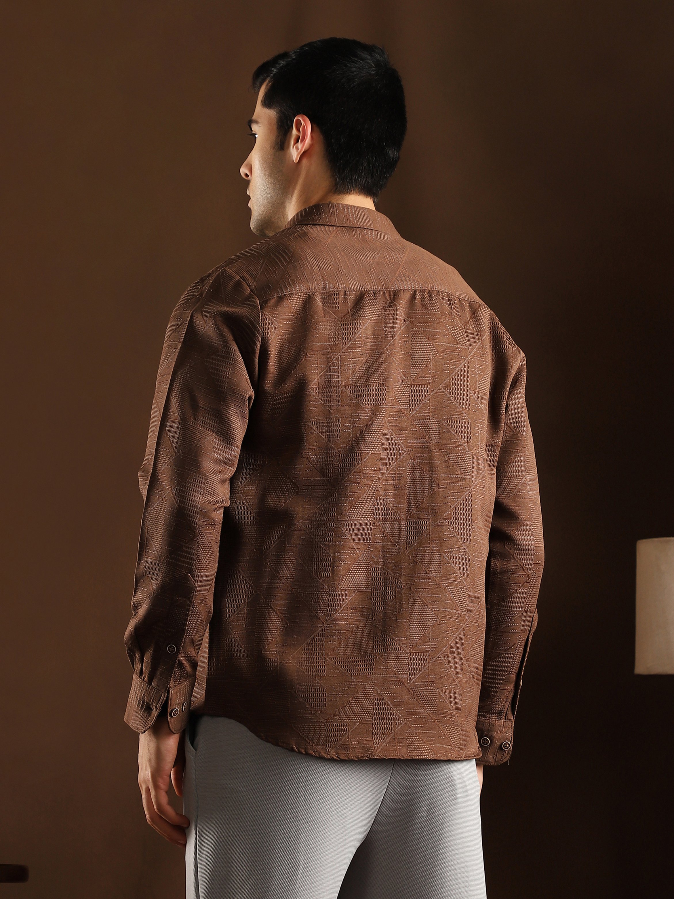Men Chocolate Brown Textured Weave Shirt