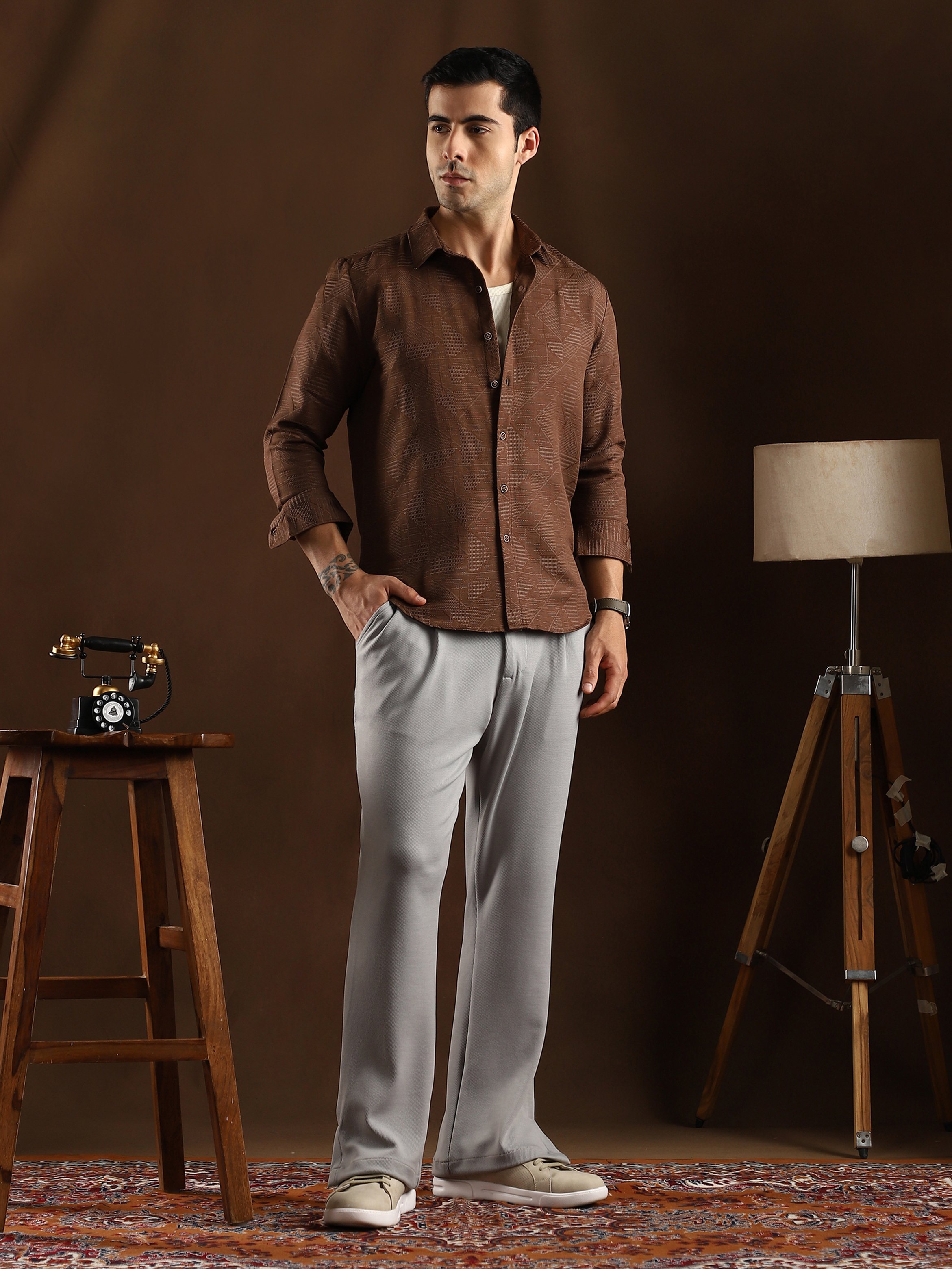 Men Chocolate Brown Textured Weave Shirt