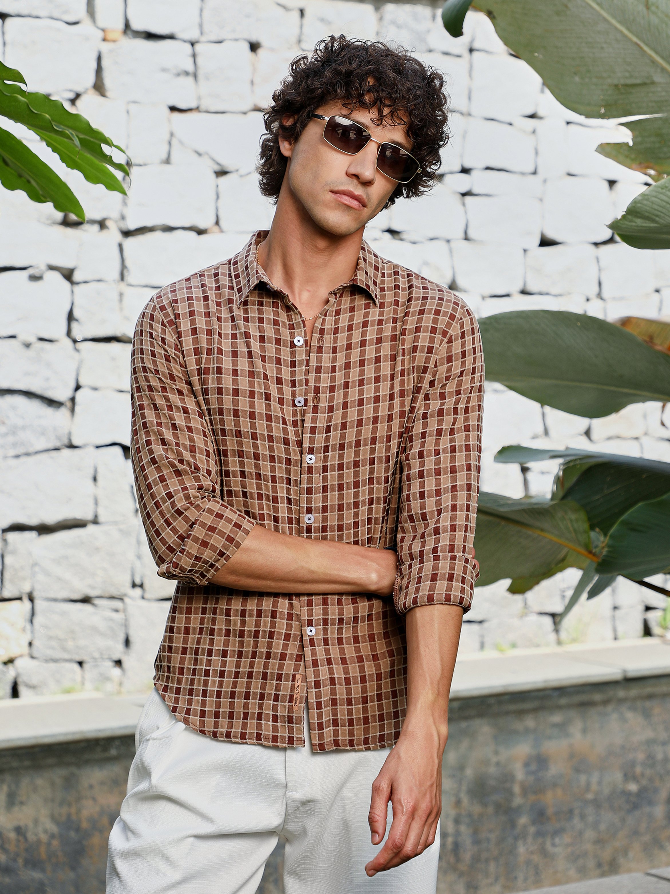 Men Brown Checked Spread Collar Shirt